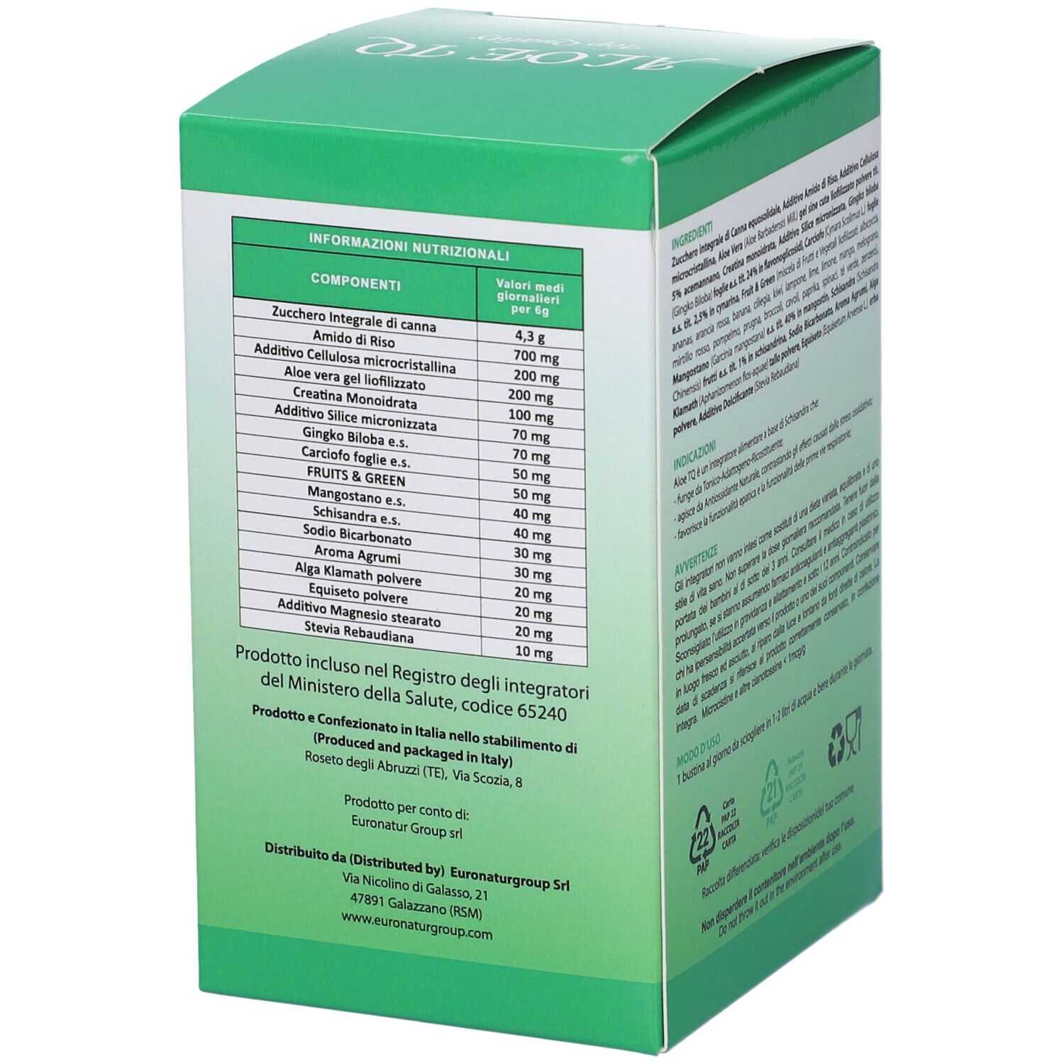 Scatola verde, dettaglio delle informazioni nutrizionali. Testo in italiano. Tabella dei valori nutrizionali per porzione.