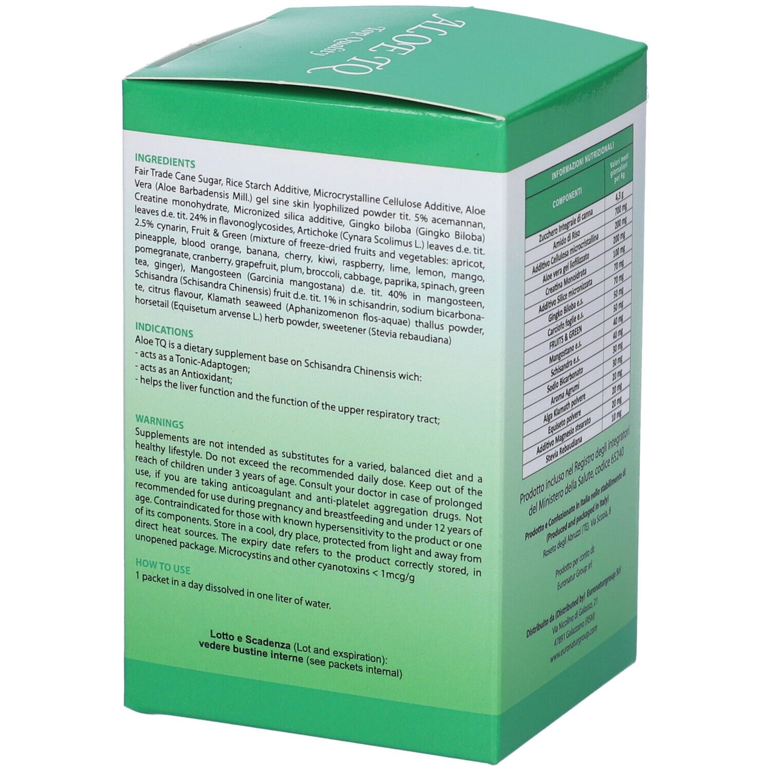 Scatola verde, dettaglio dell'elenco degli ingredienti e delle istruzioni per l'uso. Testo in italiano. Contiene informazioni.