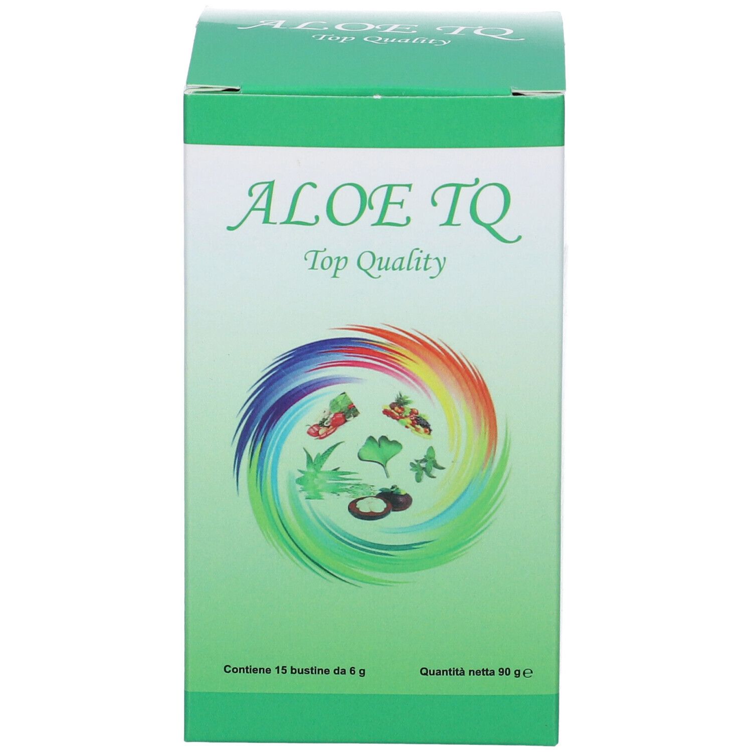 Scatola verde con logo "ALOE TQ Top Quality". Contiene 15 bustine. Illustrazione colorata con piante. Testo in italiano.