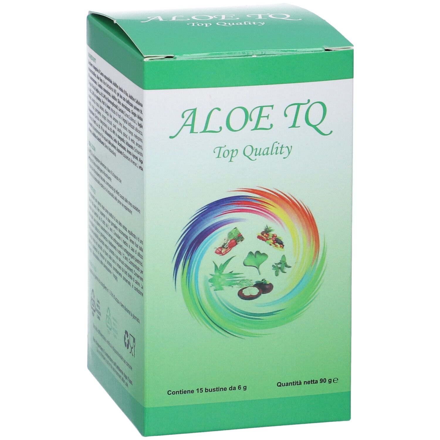 Scatola verde con logo "ALOE TQ Top Quality". Contiene 15 bustine. Illustrazione colorata con piante. Testo in italiano.