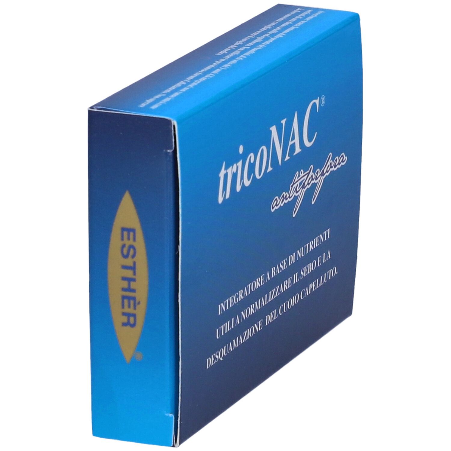 Scatola blu, vista laterale. Scritta 'tricoNAC' e 'antiforfora'. Logo 'Esther'.
