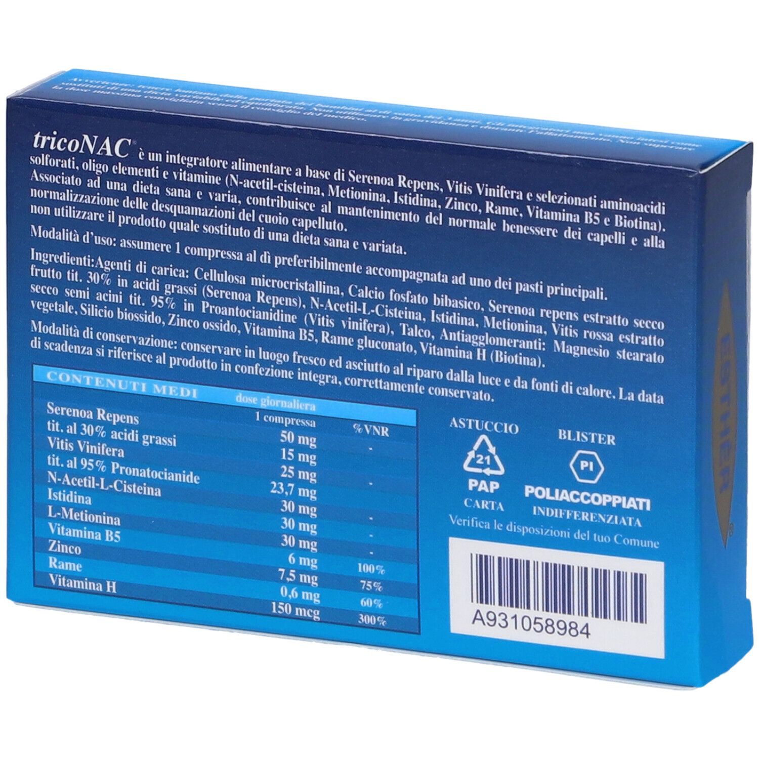 Retro della scatola blu. Testo con ingredienti e valori nutrizionali. Codice e logo.