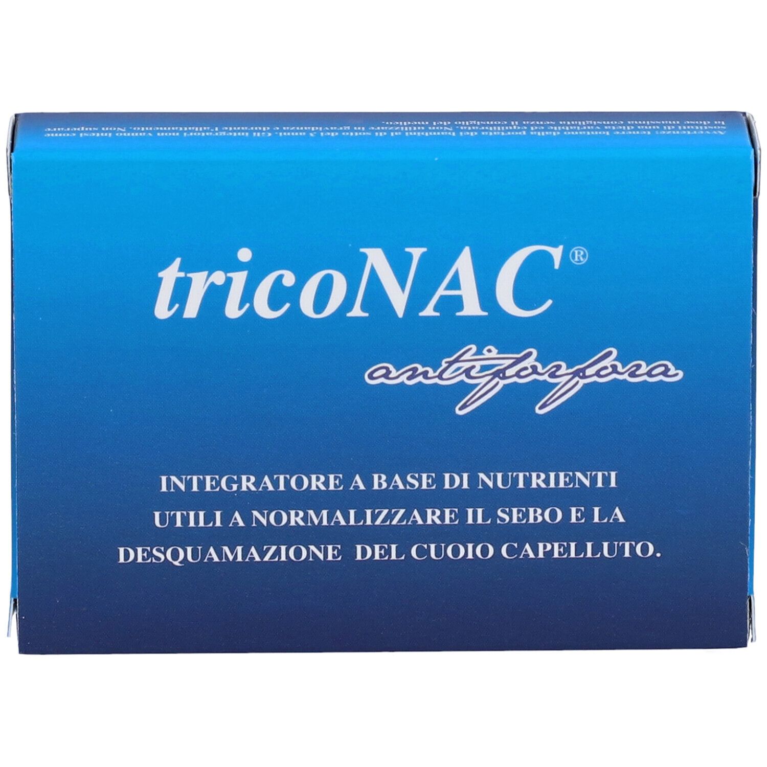 Scatola blu con scritta bianca 'tricoNAC' e 'antiforfora'. Testo descrittivo sottostante.