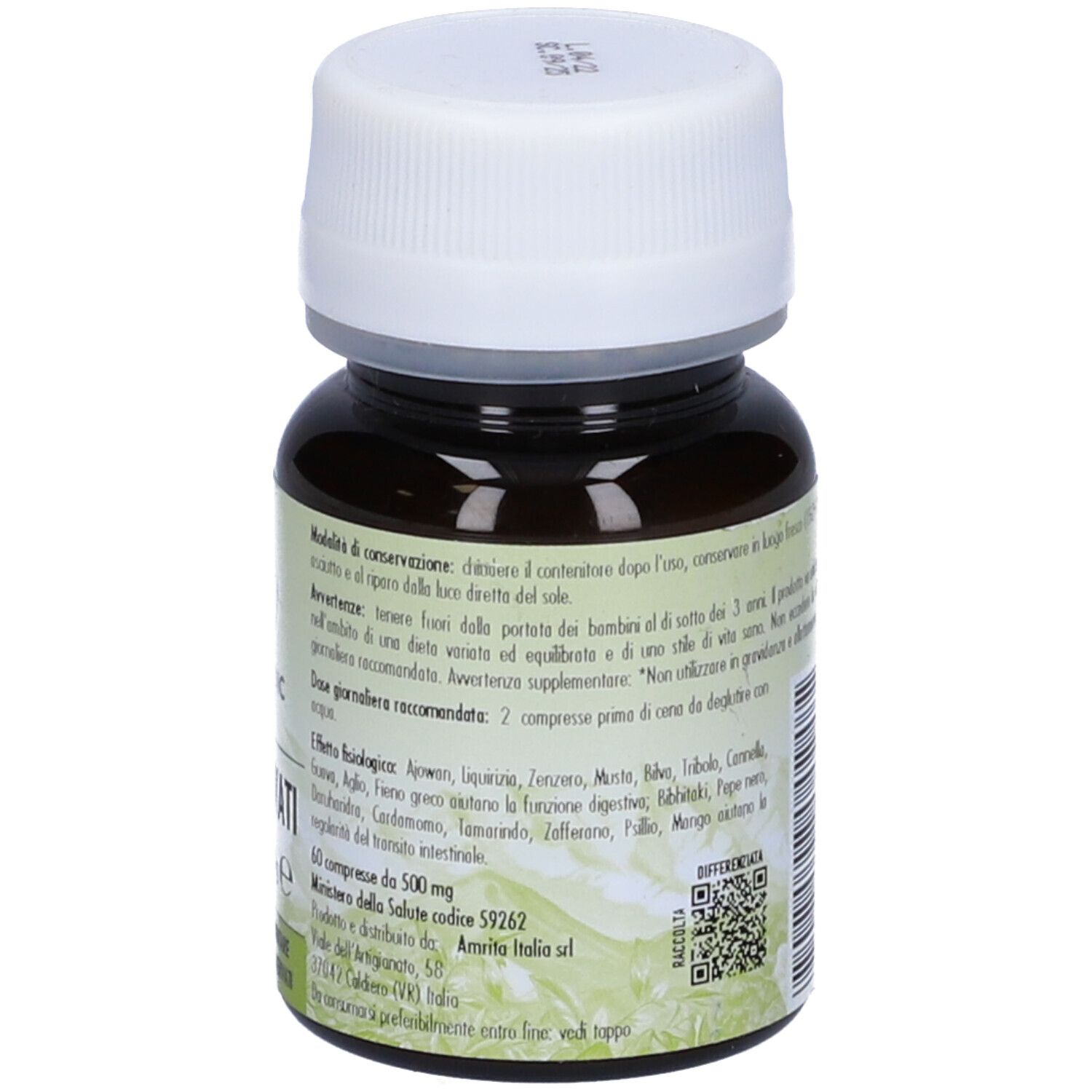 Retro del flacone marrone con tappo bianco. Testo con ingredienti e informazioni nutrizionali. Codice QR.