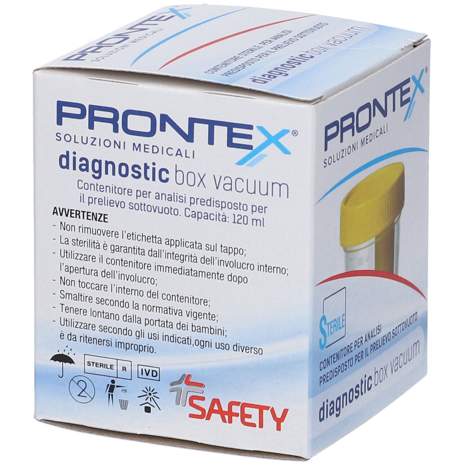 Confezione Prontex Diagnostic Box Vacuum. Contenitore sterile per analisi urine. Avvertenze e simboli di sicurezza visibili.