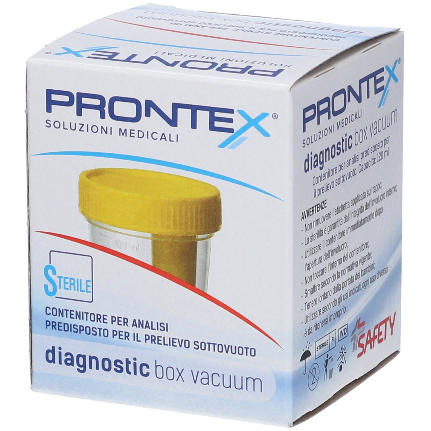 Confezione Prontex Diagnostic Box Vacuum. Contenitore sterile per analisi urine. Coperchio giallo, flacone trasparente.