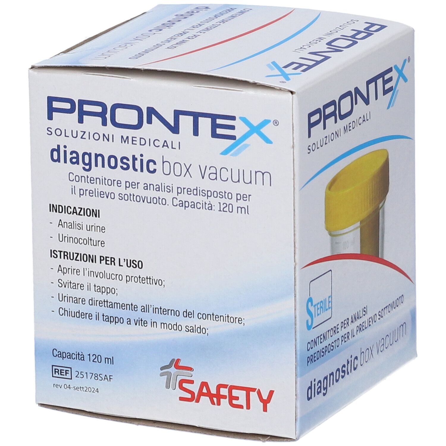Confezione Prontex Diagnostic Box Vacuum. Contenitore sterile per analisi urine. Istruzioni per l'uso e simboli di sicurezza.