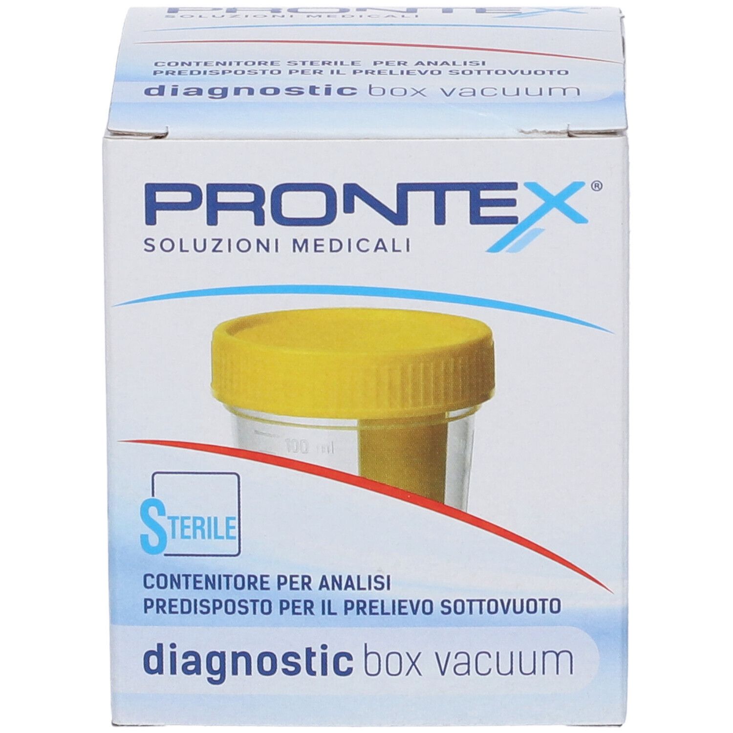 Confezione Prontex Diagnostic Box Vacuum. Contenitore sterile per analisi urine. Coperchio giallo, flacone trasparente.