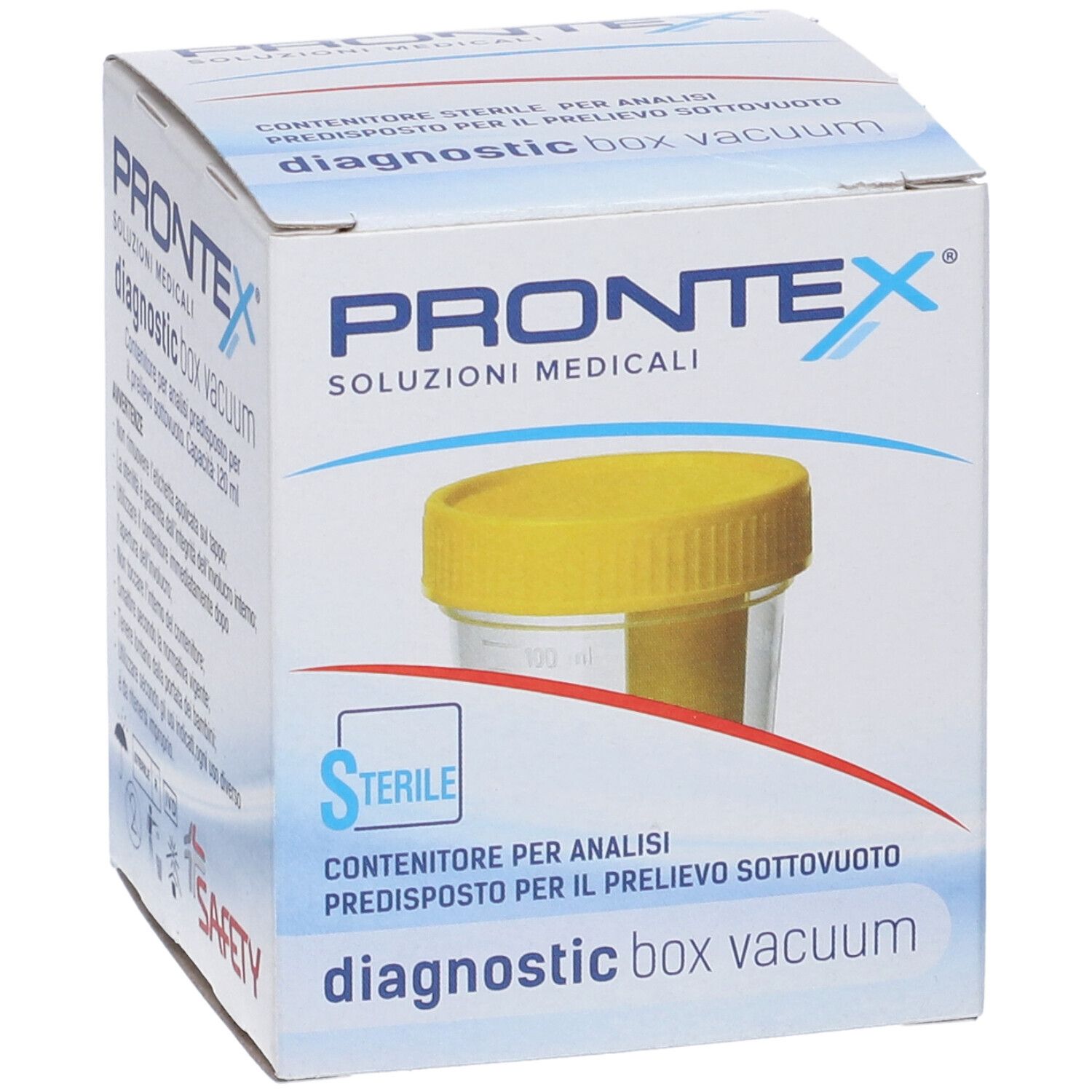 Confezione Prontex Diagnostic Box Vacuum. Contenitore sterile per analisi urine. Coperchio giallo, flacone trasparente.