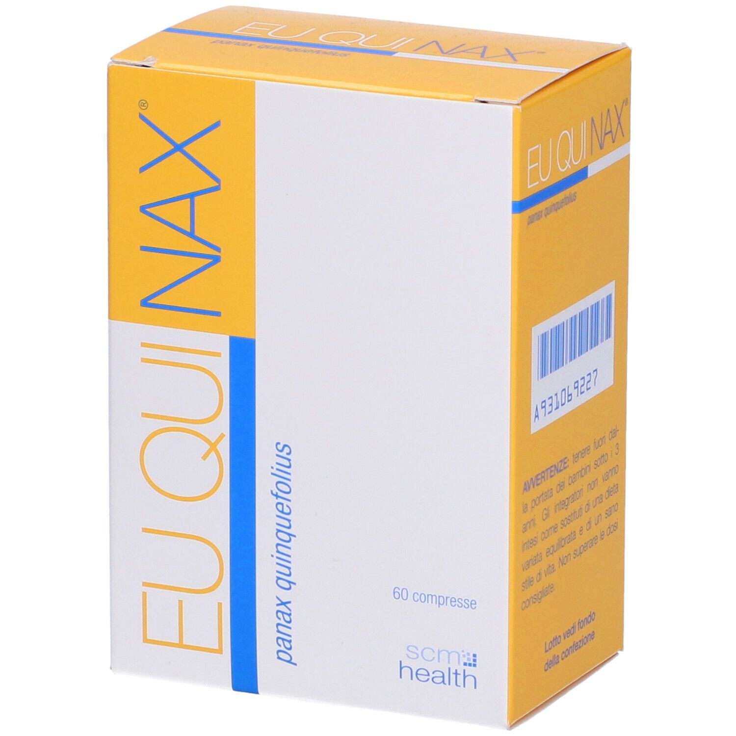 Scatola EUQUINAX. Scritta EUQUINAX, panax quinquefolius, 60 compresse. Giallo e bianco.