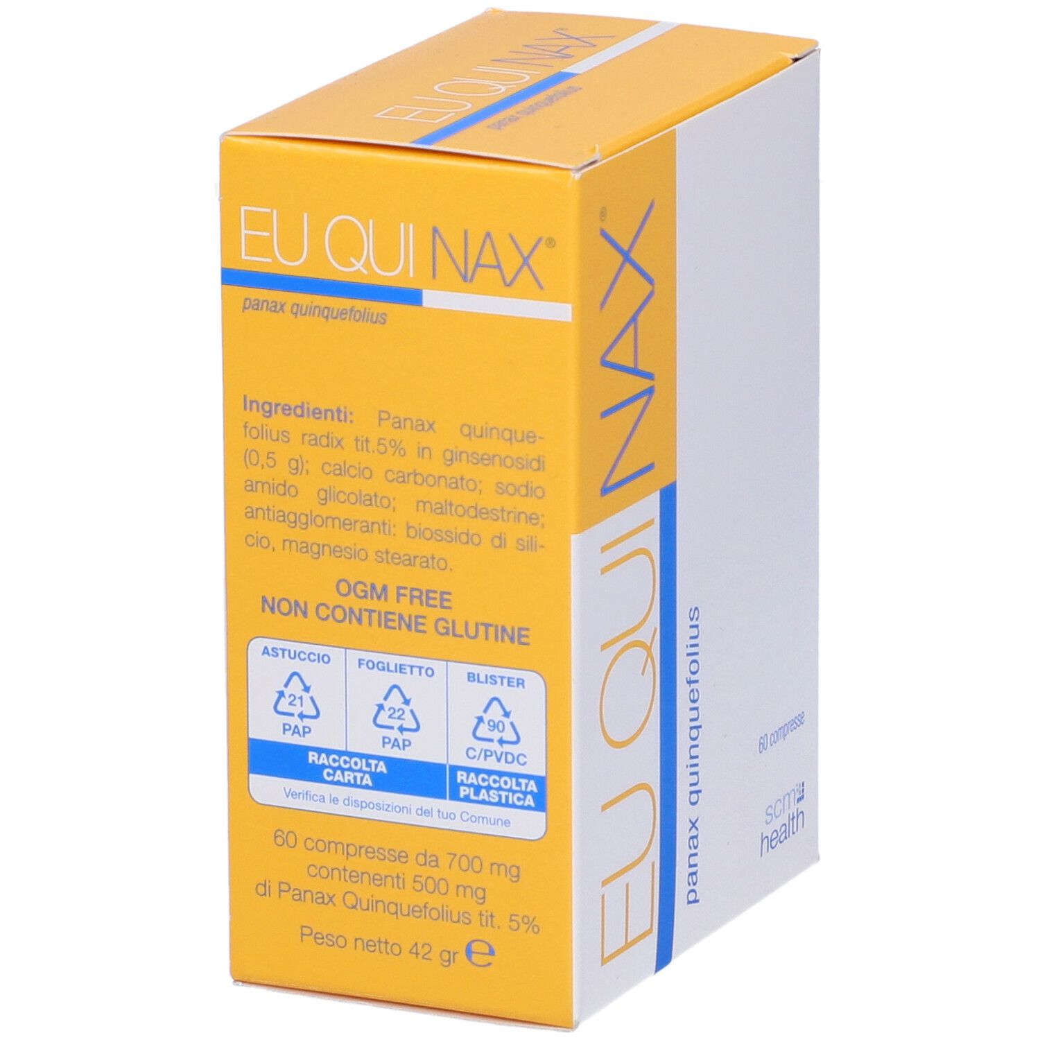 Scatola EUQUINAX. Scritta EUQUINAX, panax quinquefolius, 60 compresse. Ingredienti e simboli di riciclo.