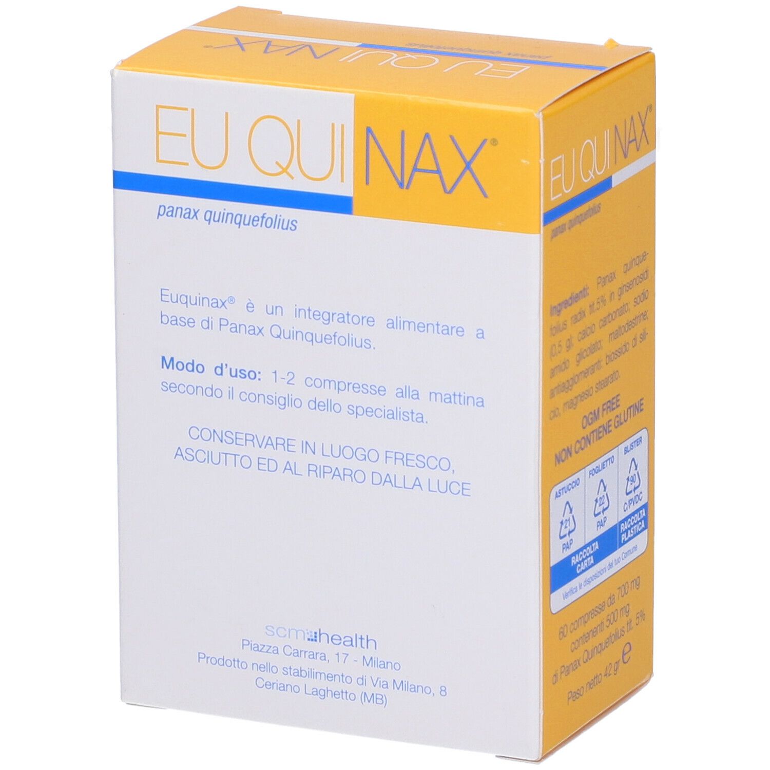 Scatola EUQUINAX. Scritta EUQUINAX, panax quinquefolius. Testo su uso e ingredienti.