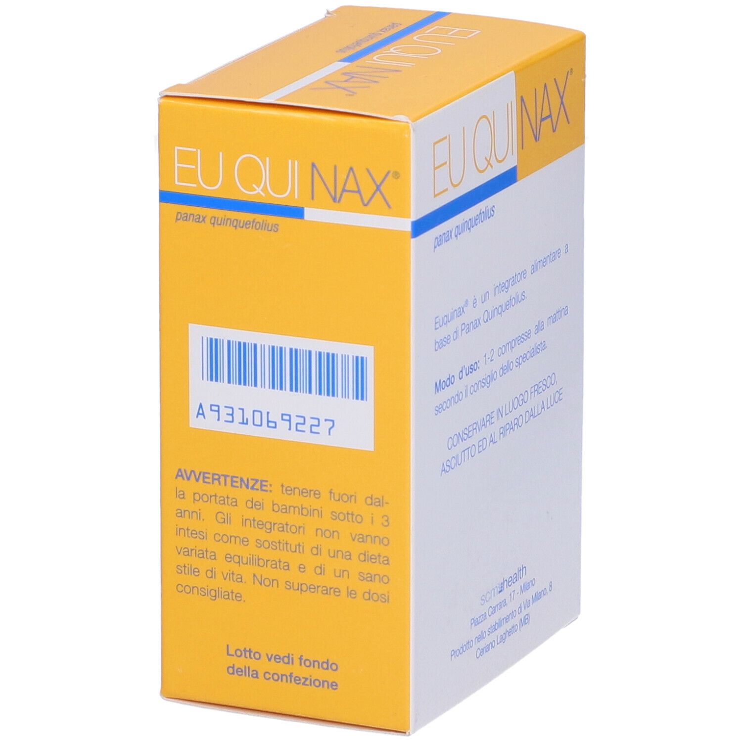 Scatola EUQUINAX. Scritta EUQUINAX, panax quinquefolius. Codice a barre e avvertenze.