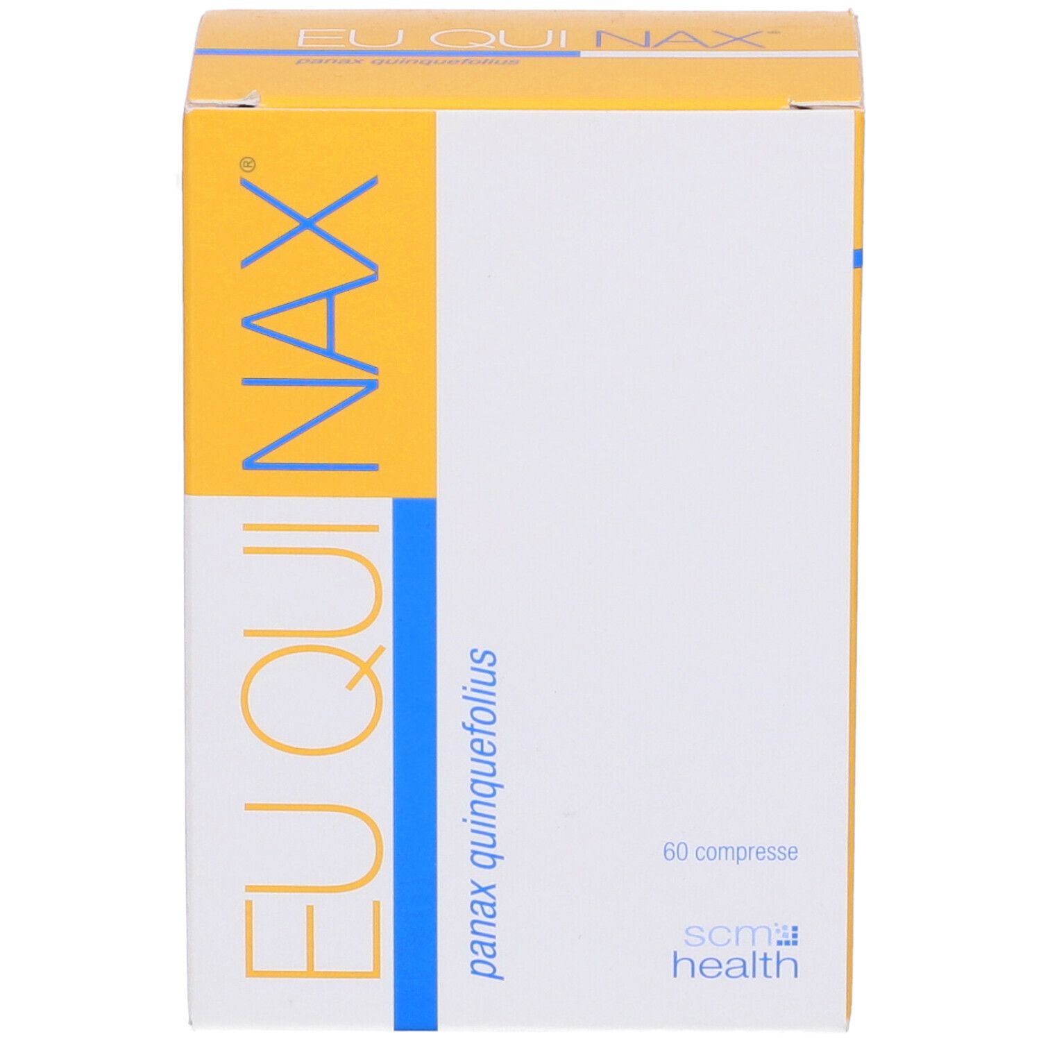 Scatola EUQUINAX. Scritta EUQUINAX, panax quinquefolius, 60 compresse. Bianco e giallo.