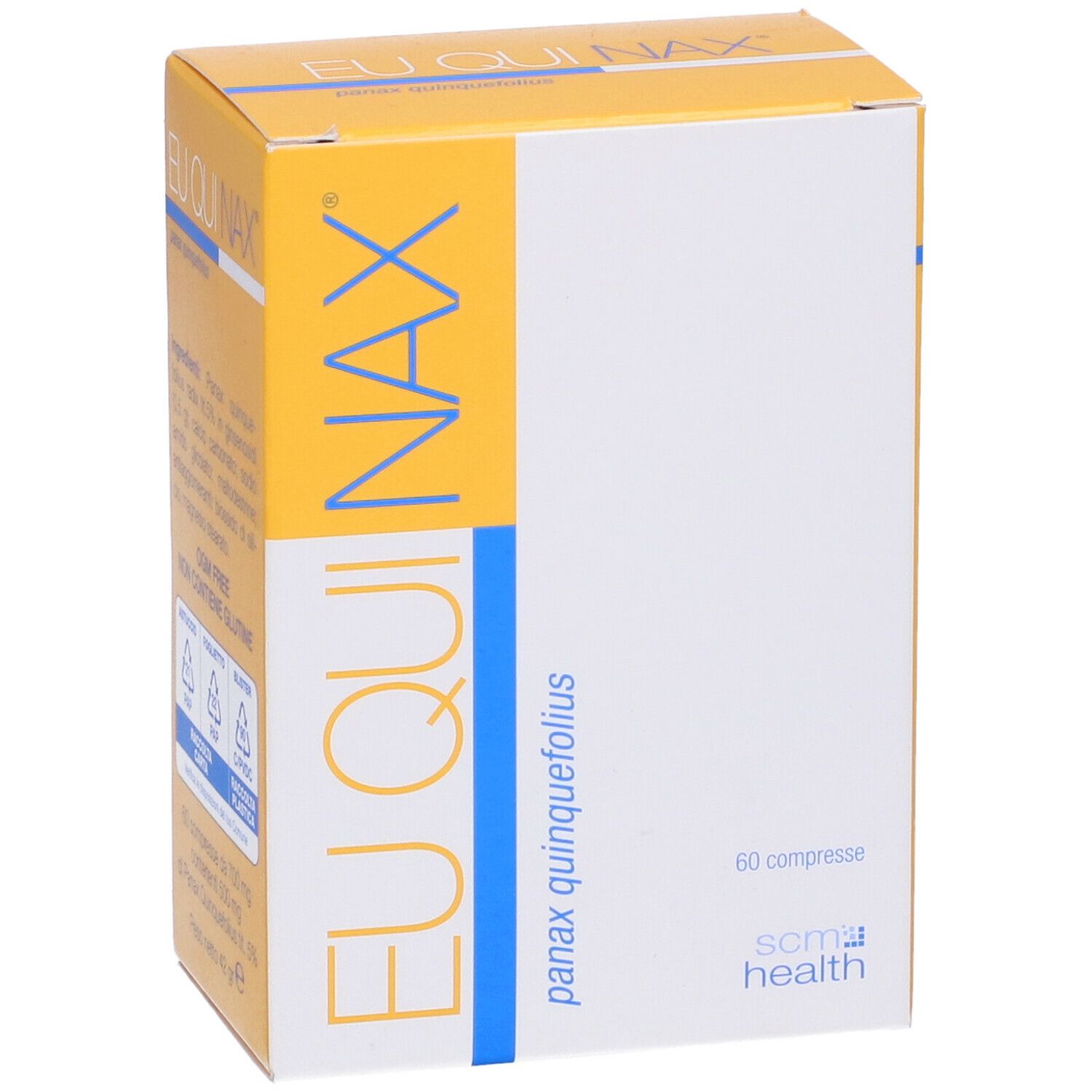 Scatola EUQUINAX. Scritta EUQUINAX, panax quinquefolius, 60 compresse. Bianco e giallo.