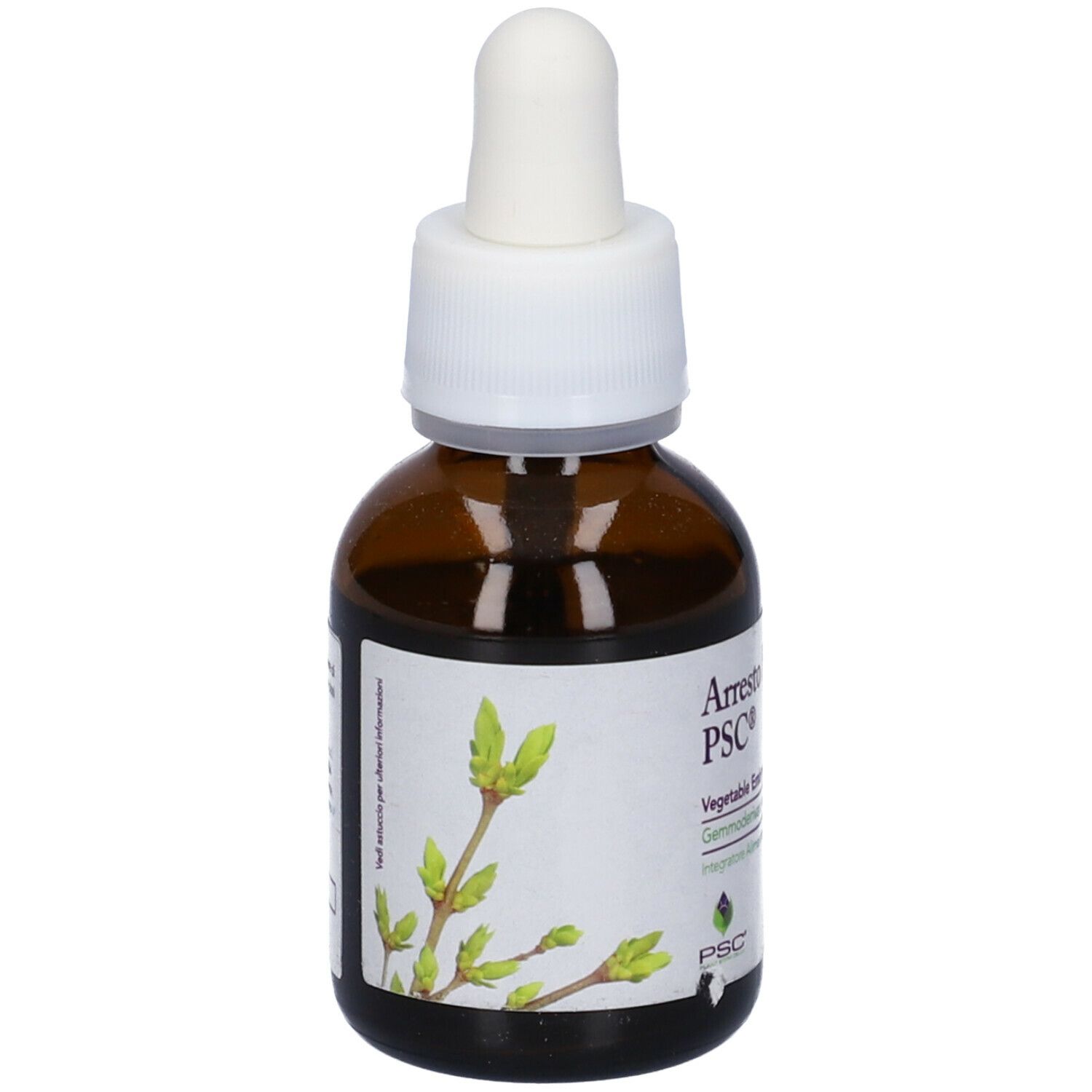 Flacone di vetro marrone con contagocce. Scritta: Arresto Prevento PSC. Con illustrazione di gemme.
