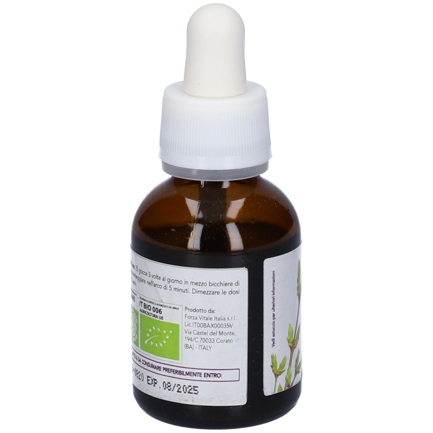 Flacone di vetro marrone con contagocce. Scritta: Arresto Prevento PSC. Con illustrazione di gemme.