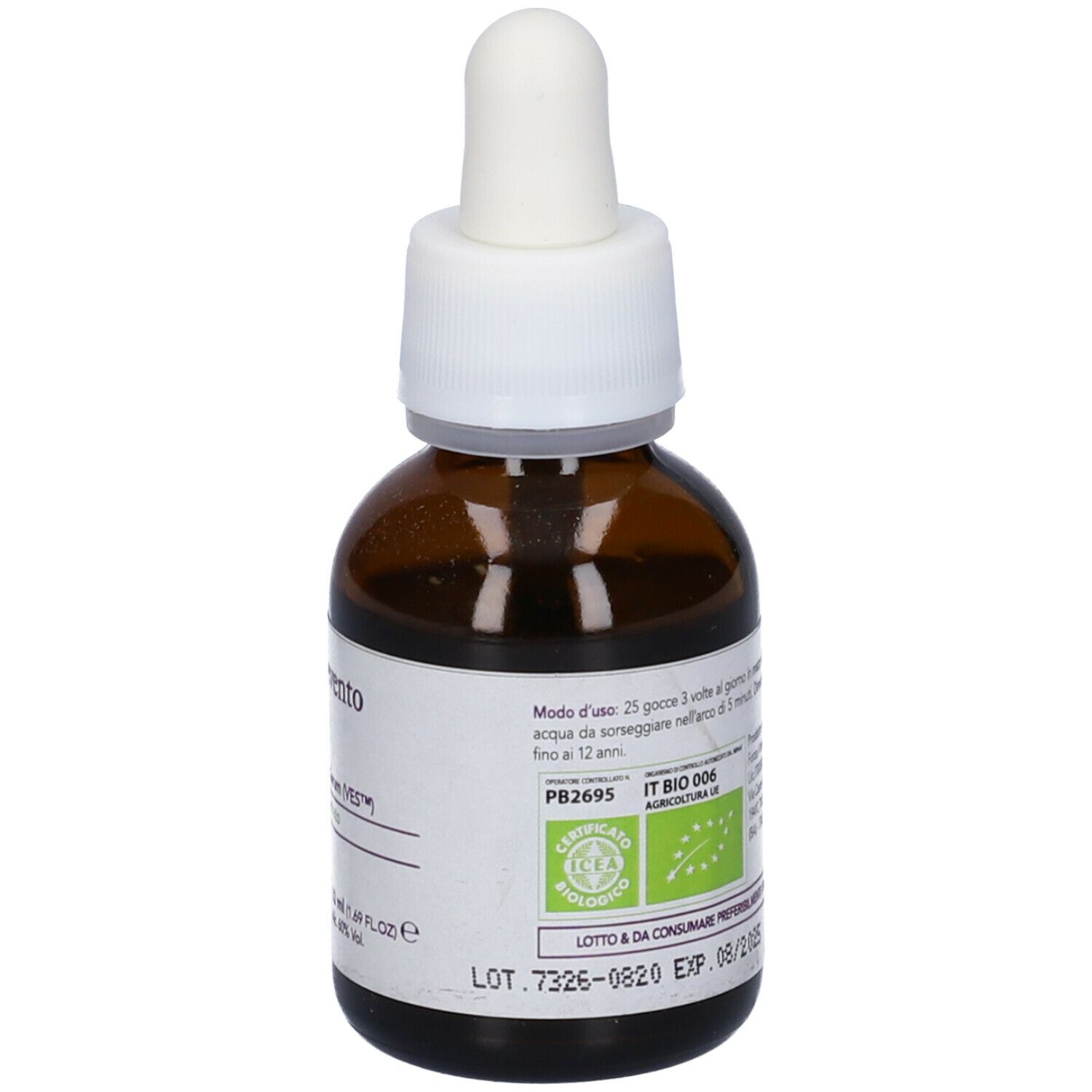 Flacone di vetro marrone con contagocce. Scritta: Arresto Prevento PSC. Con illustrazione di gemme.