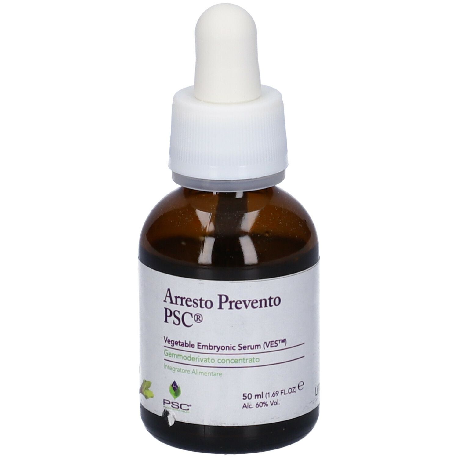 Flacone di vetro marrone con contagocce. Scritta: Arresto Prevento PSC. Con illustrazione di gemme.