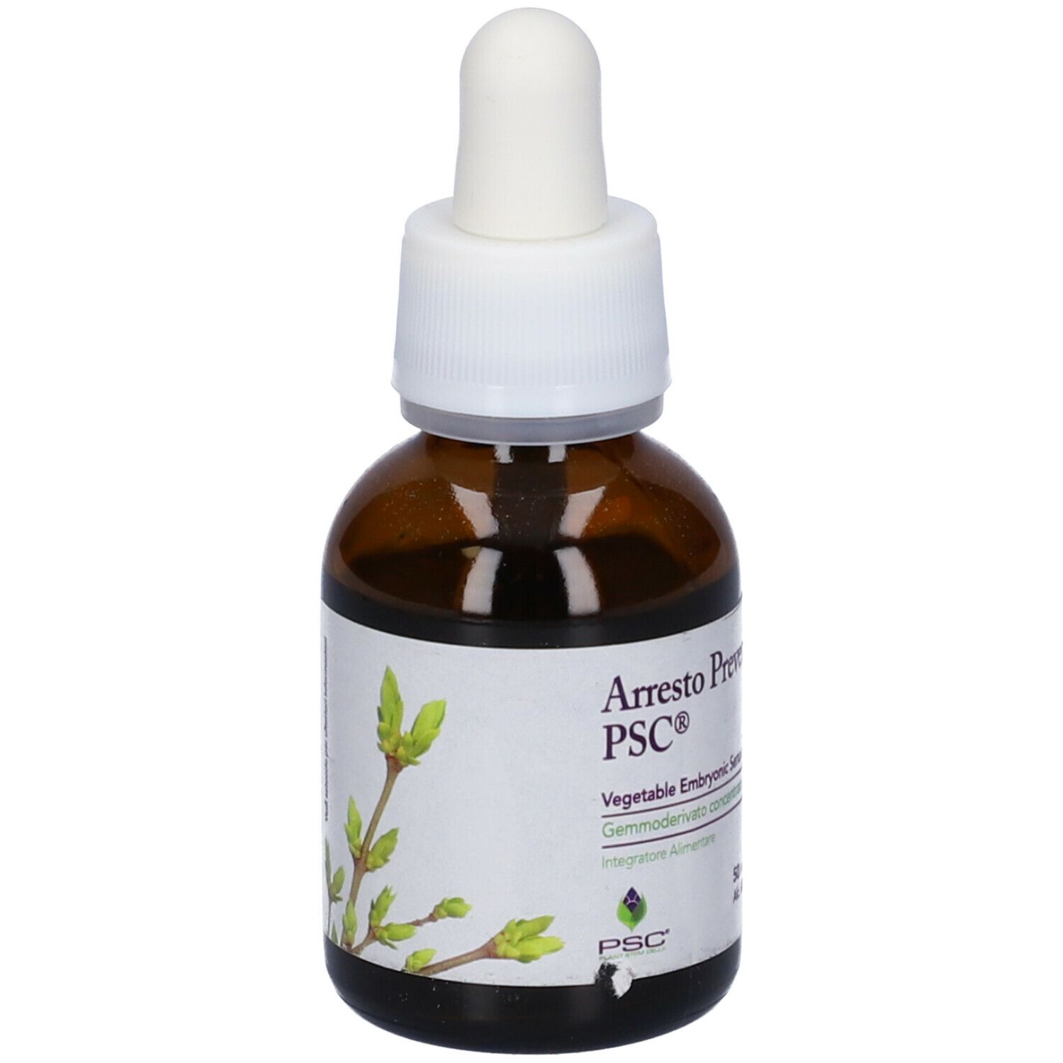 Flacone di vetro marrone con contagocce. Scritta: Arresto Prevento PSC. Con illustrazione di gemme.