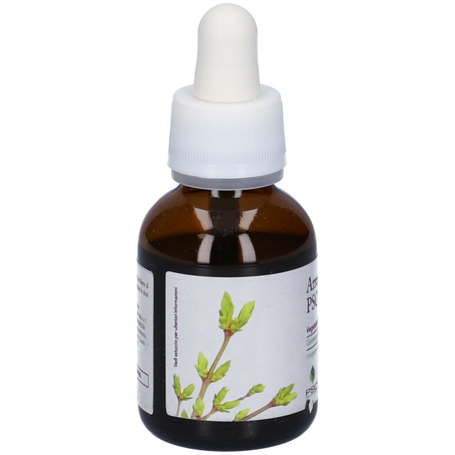 Flacone di vetro marrone con contagocce. Scritta: Arresto Prevento PSC. Con illustrazione di gemme.