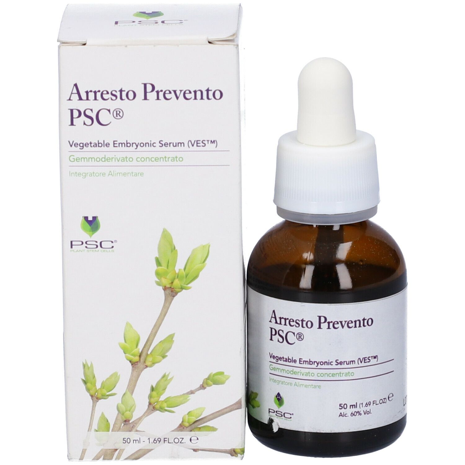 Flacone di vetro marrone con contagocce e scatola. Scritta: Arresto Prevento PSC. Con illustrazione di gemme.