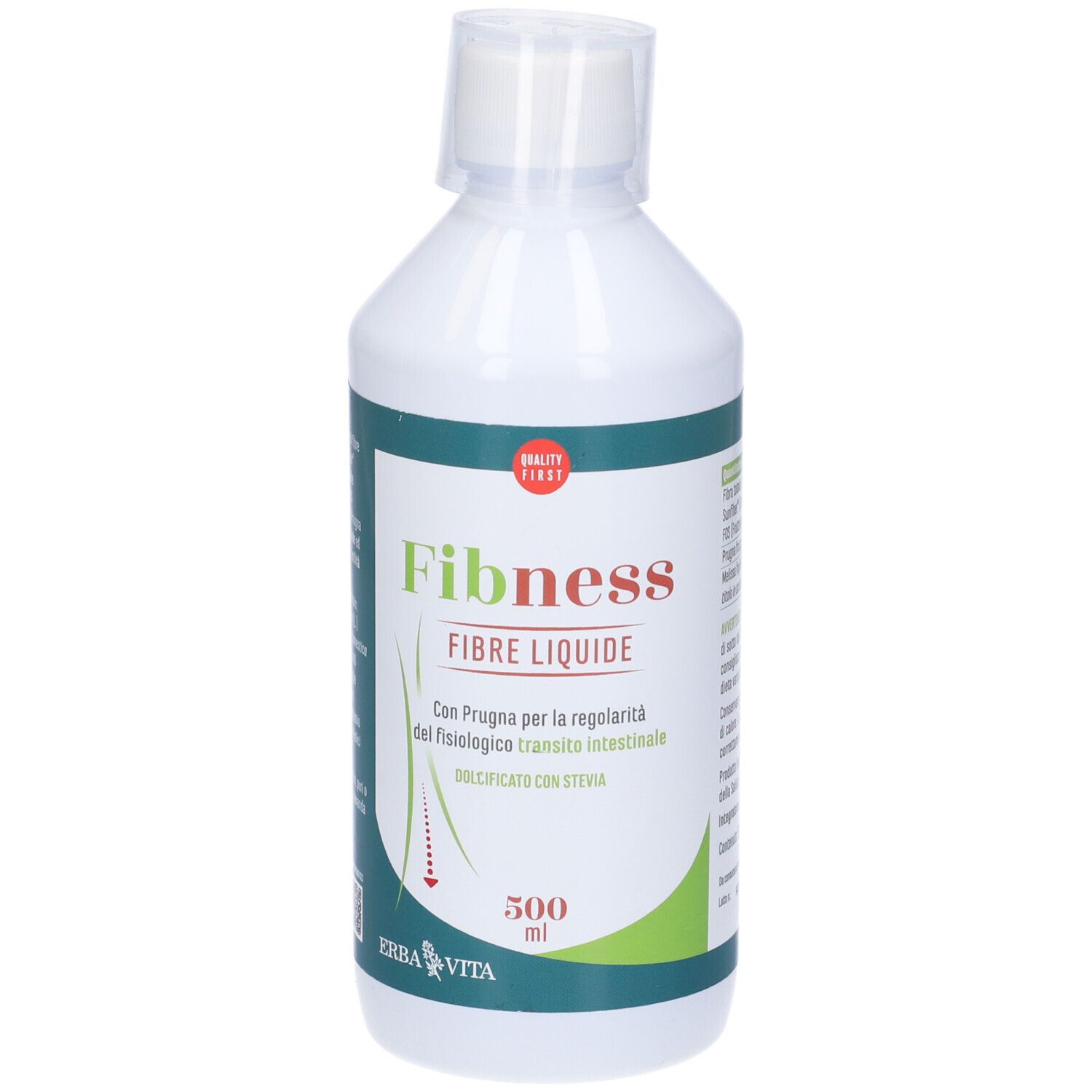 Bottiglia bianca con etichetta verde e bianca. Scritta: Fibness fibre liquide. Con prugna e stevia. 500 ml.