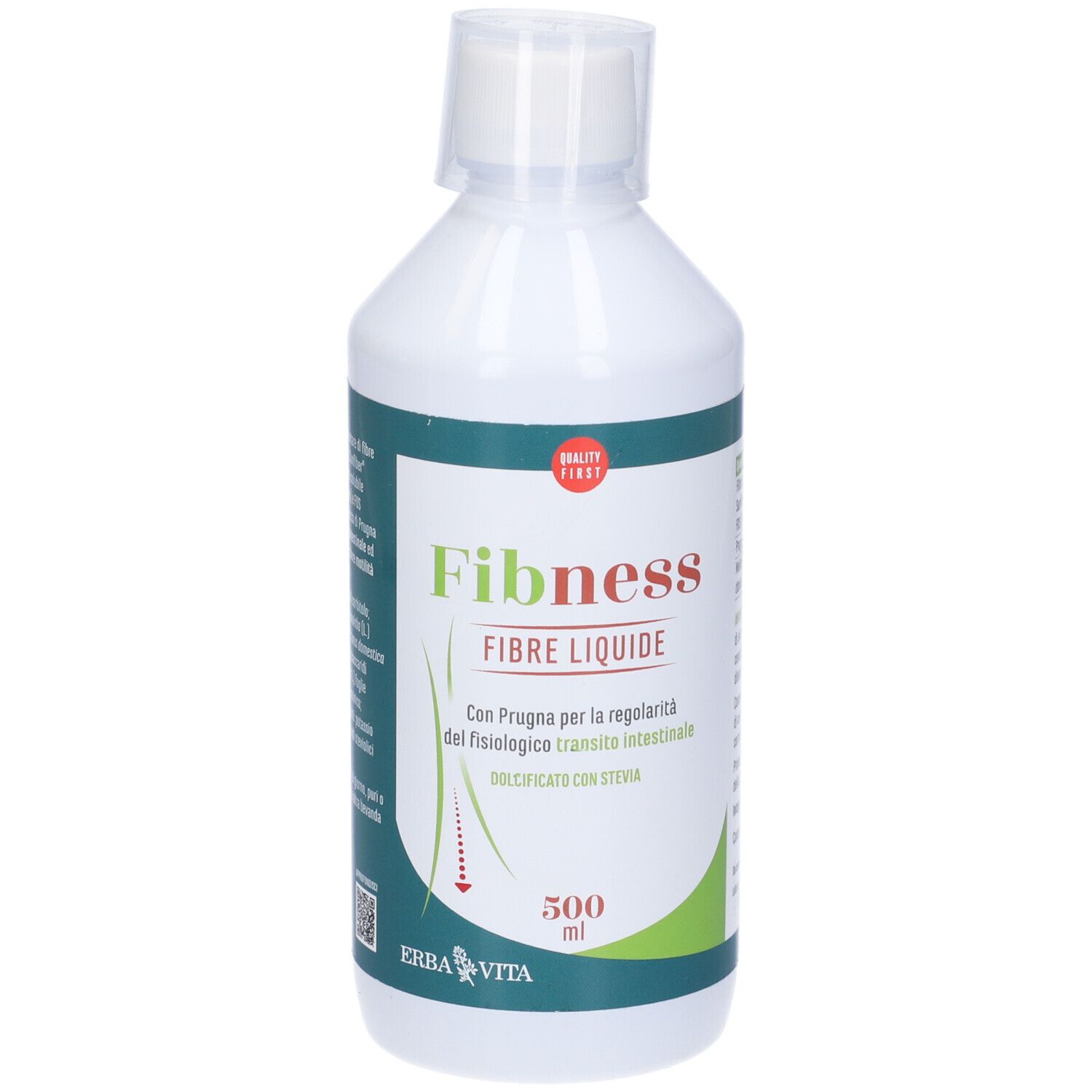 Bottiglia bianca con etichetta verde e bianca. Scritta: Fibness fibre liquide. Con prugna e stevia. 500 ml.