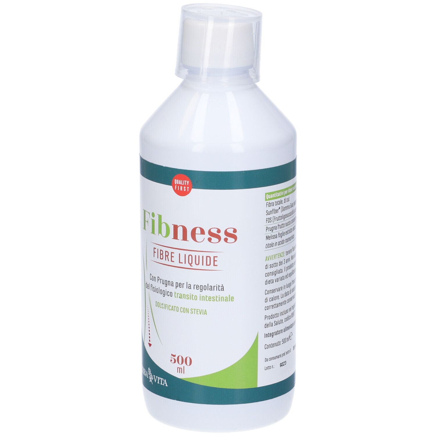 Bottiglia bianca con etichetta verde e bianca. Scritta: Fibness fibre liquide. Con prugna e stevia. 500 ml.