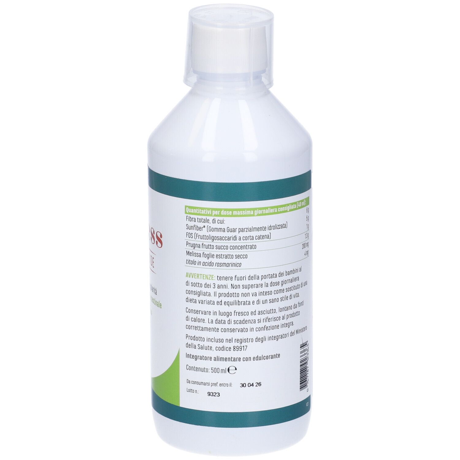 Bottiglia bianca con etichetta verde e bianca. Scritta: Fibness fibre liquide. 500 ml. Elenco ingredienti e avvertenze.