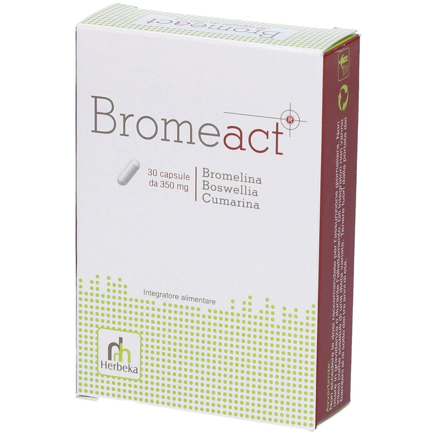 Confezione Bromeact. Scatola bianca con nome del prodotto, immagine capsula e ingredienti.