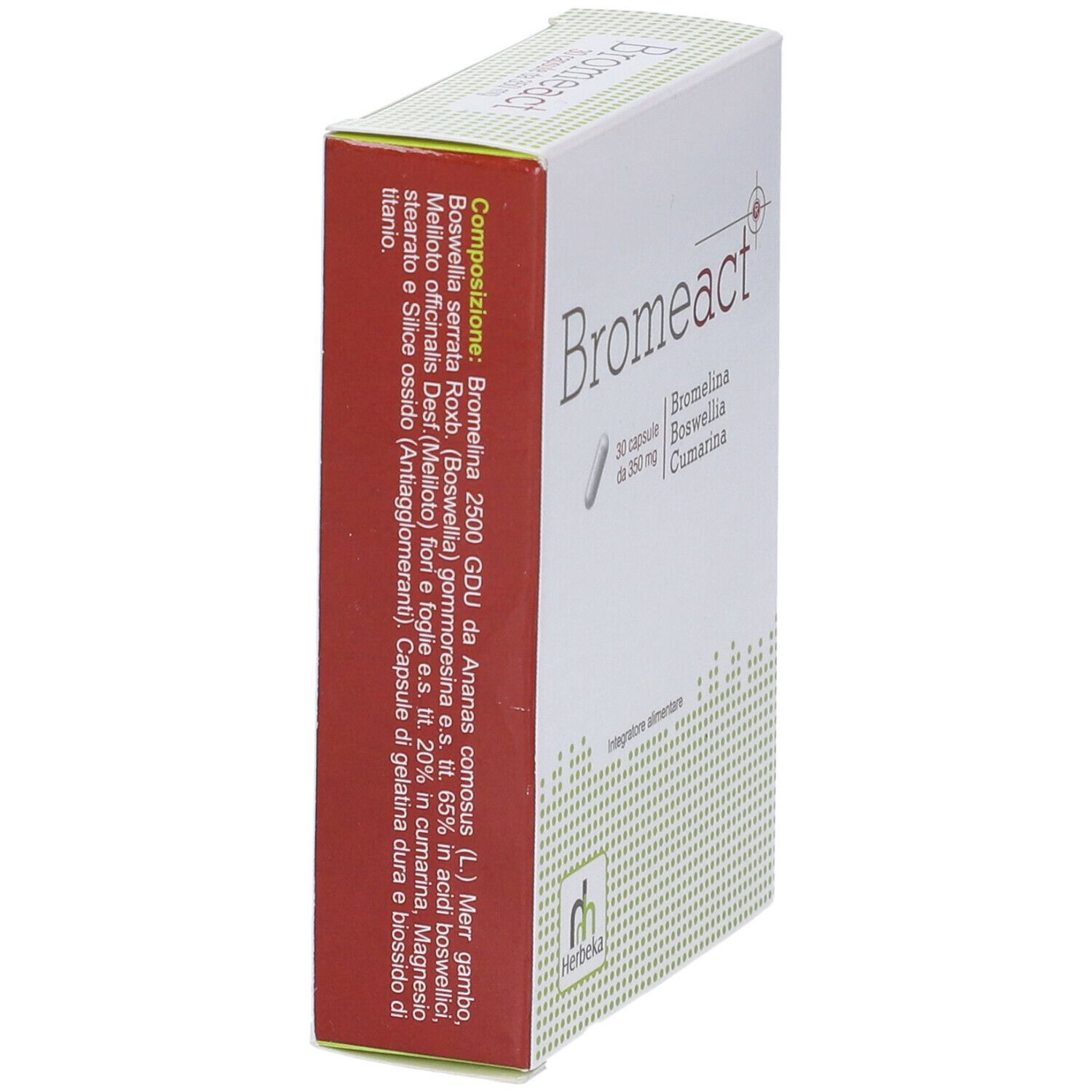 Confezione Bromeact, vista laterale. Nome prodotto, ingredienti e informazioni produttore.