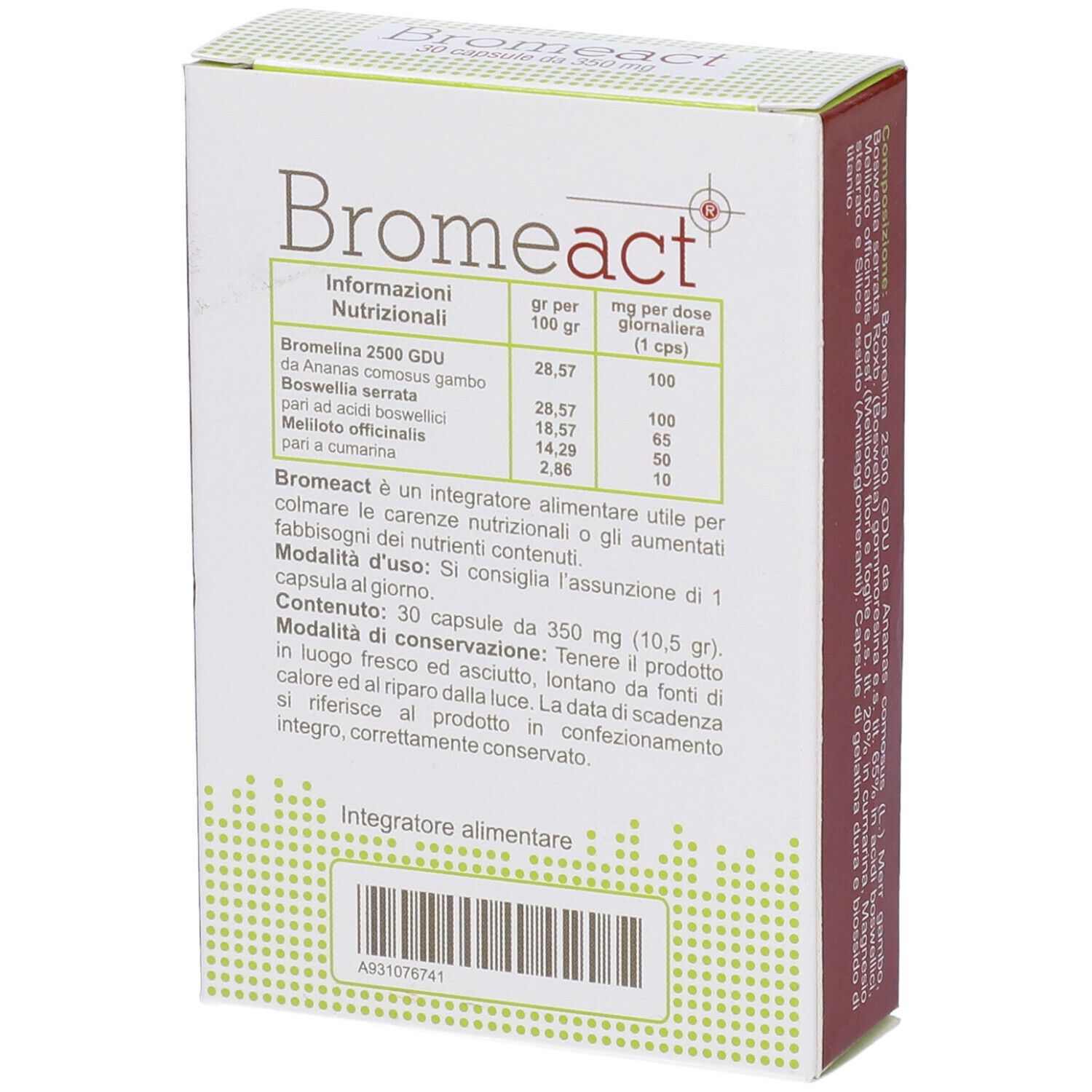 Retro confezione Bromeact. Informazioni su ingredienti, dosaggio e modalità d'uso.
