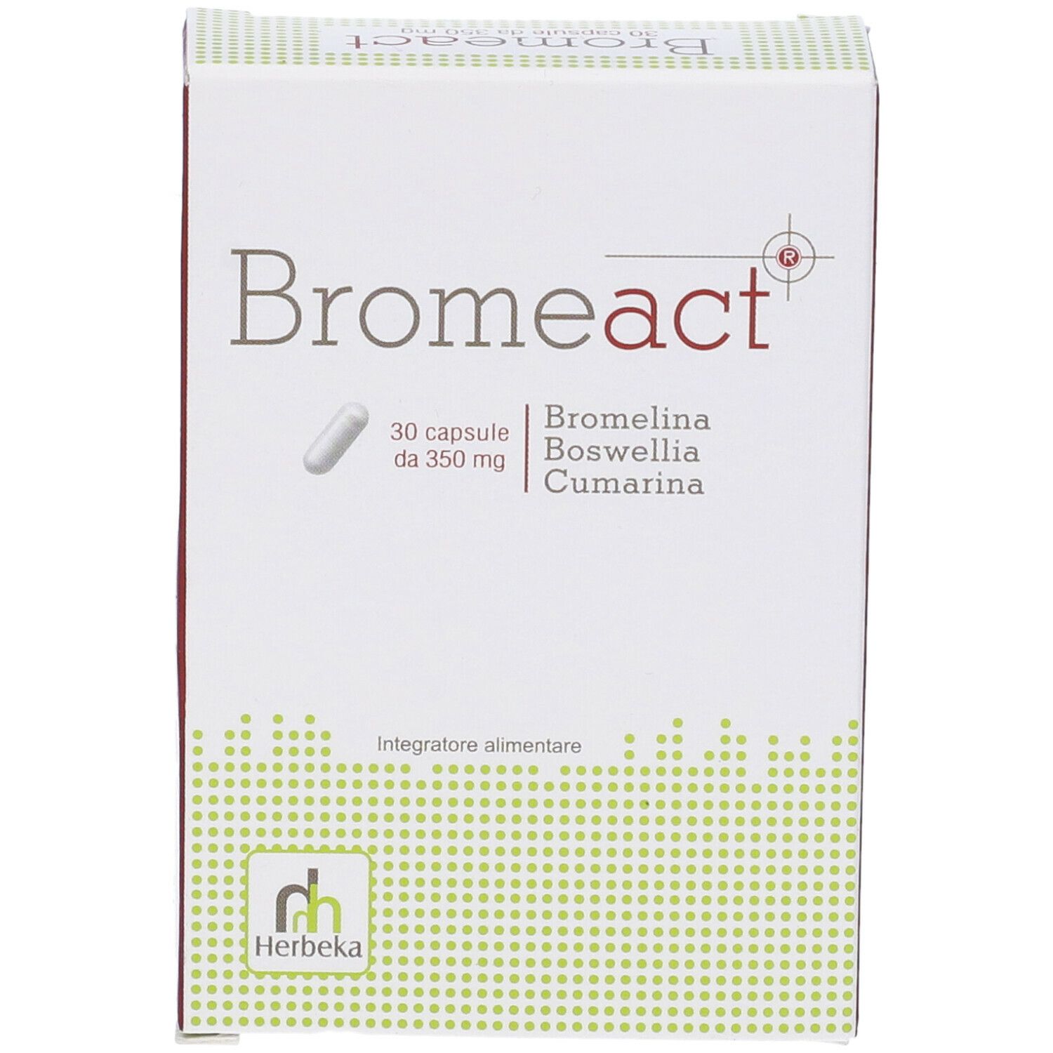 Confezione Bromeact. Scatola bianca con nome del prodotto, immagine capsula e ingredienti.