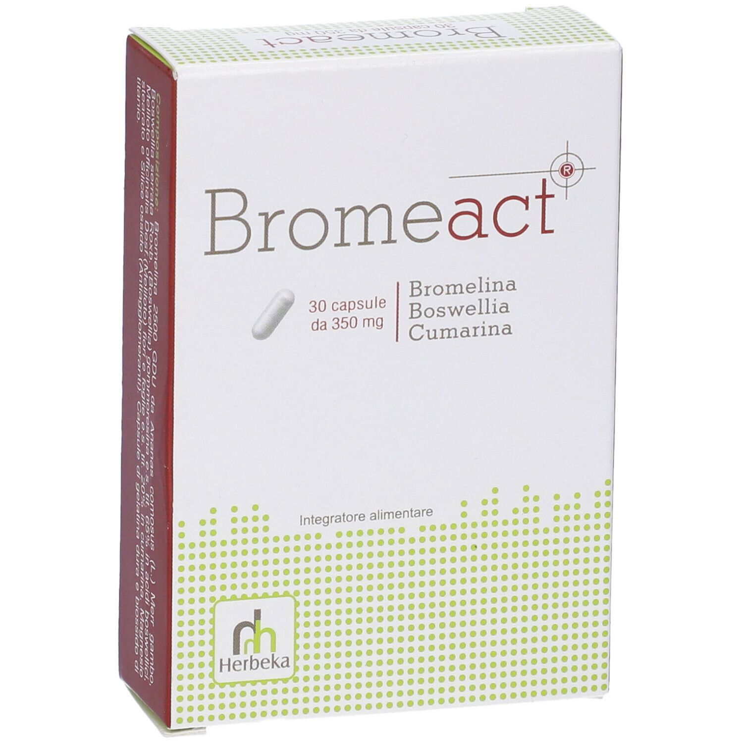 Confezione Bromeact. Scatola bianca con nome del prodotto, immagine capsula e ingredienti.