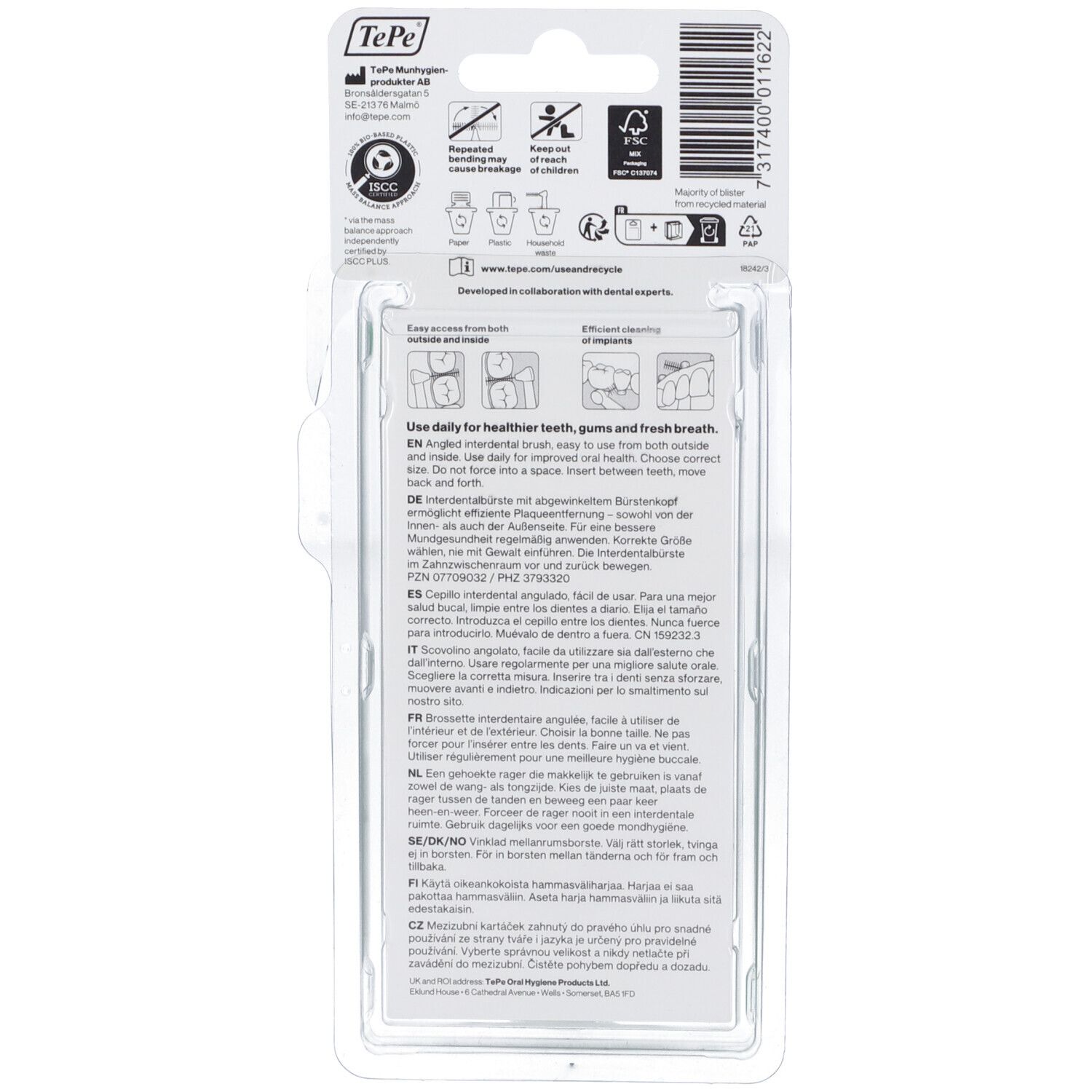 Retro della confezione con informazioni sul prodotto e pittogrammi. Contiene testo in più lingue.