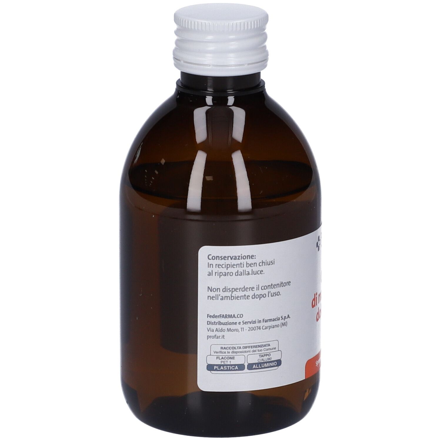 Flacone in vetro marrone con tappo bianco. Retro con etichetta. Testo sulla conservazione e smaltimento. "PROFAR" e "Olio di mandorle".
