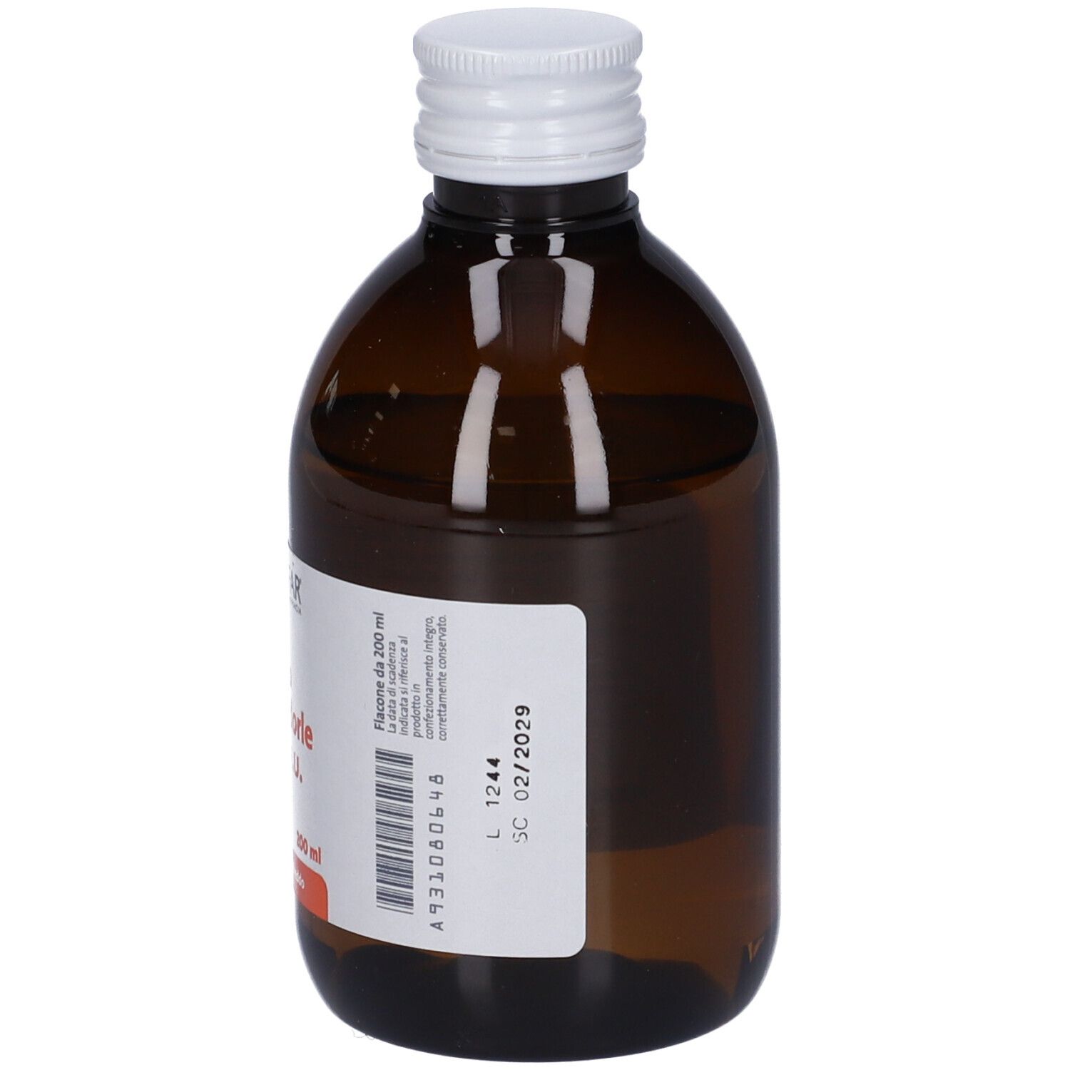 Flacone in vetro marrone con tappo bianco. Etichetta con informazioni prodotto e codice a barre. "Olio di mandorle dolci F.U."