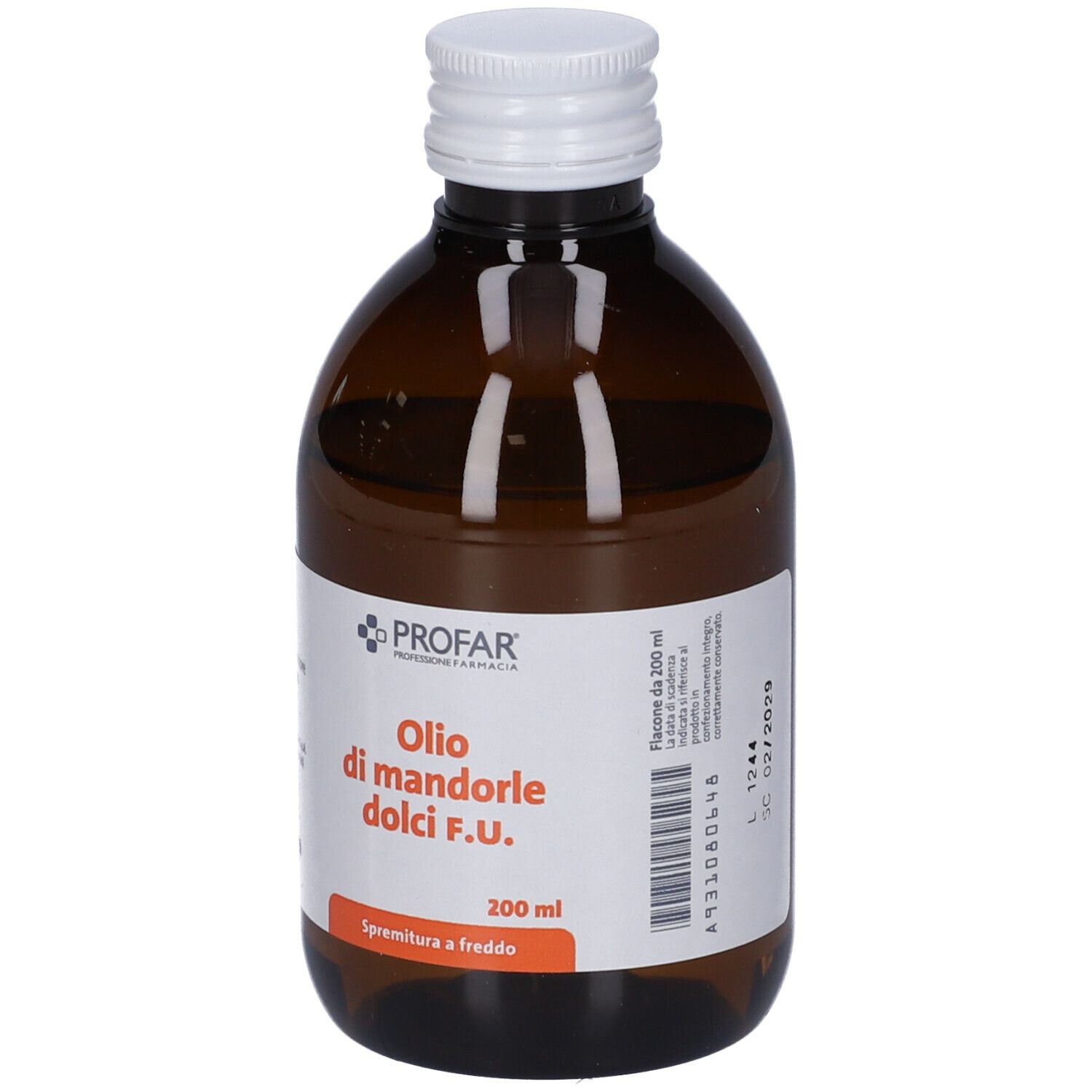 Flacone in vetro marrone con tappo bianco. Etichetta con nome prodotto e marchio. "Olio di mandorle dolci F.U." e "PROFAR".