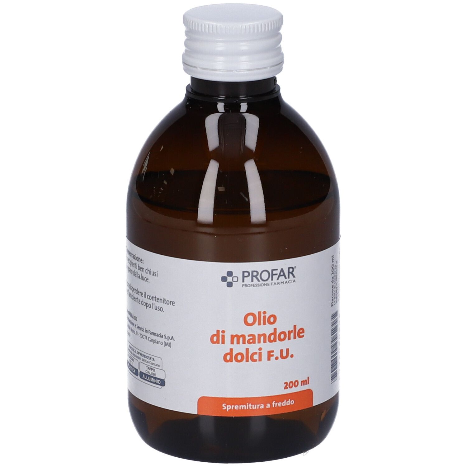Flacone in vetro marrone con tappo bianco. Etichetta con nome prodotto e marchio. "Olio di mandorle dolci F.U." e "PROFAR".