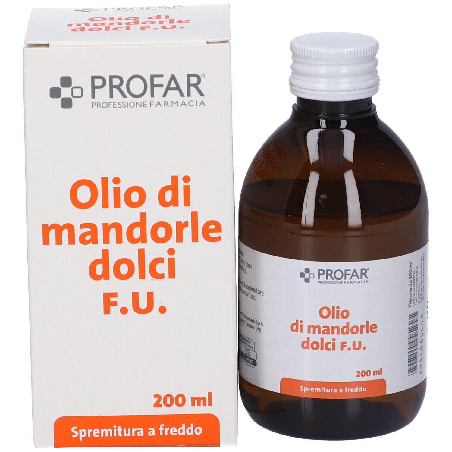 Flacone in vetro marrone e scatola. Sul flacone: "Olio di mandorle dolci F.U." e "PROFAR". Sulla scatola: nome prodotto e marchio.