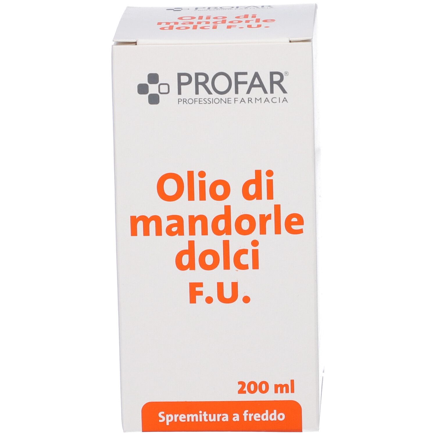 Confezione bianca del prodotto. Scritta: "Olio di mandorle dolci F.U." e "PROFAR".