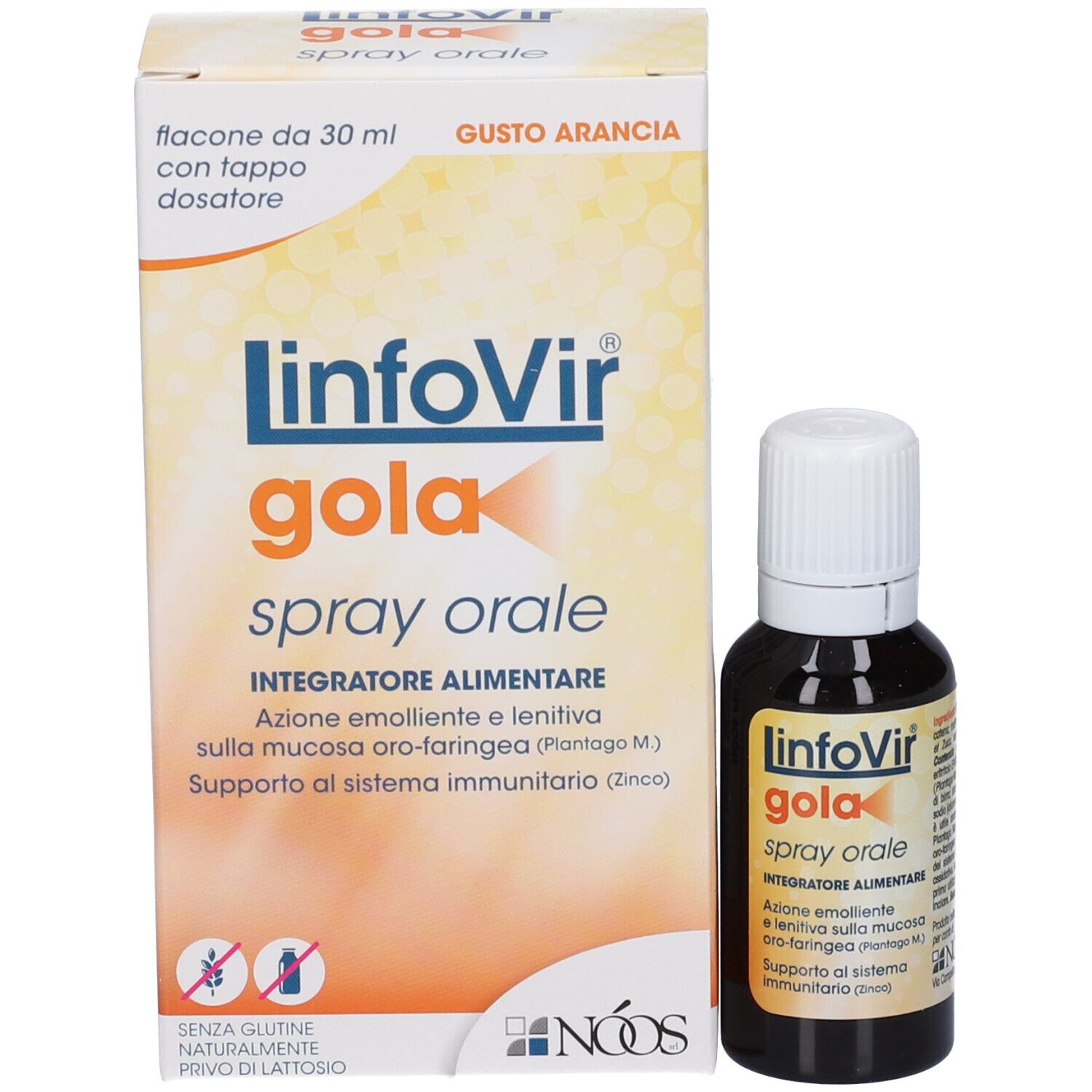 Confezione in cartone e flacone. Scritta: Linfovir Gola Spray Orale. Gusto: Arancia. Flacone con nebulizzatore.