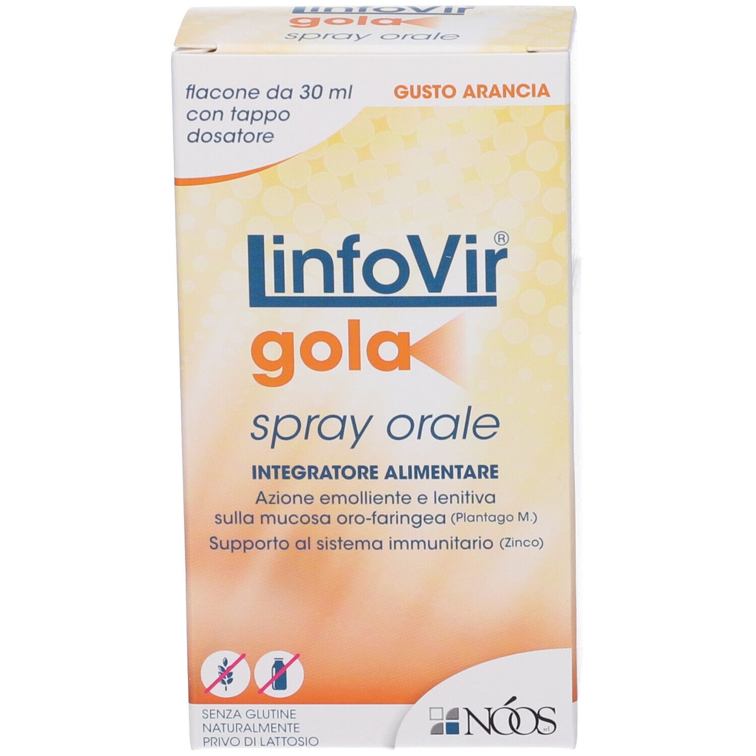 Confezione in cartone con informazioni sul prodotto. Scritta: Linfovir Gola Spray Orale. Gusto: Arancia. Senza zucchero e lattosio.