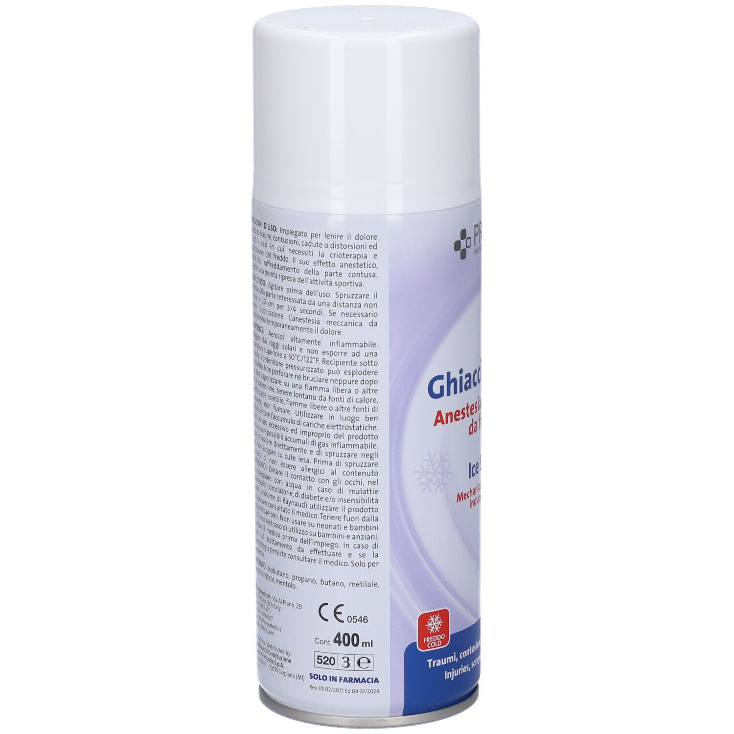 Retro della bomboletta spray bianca. Testo in italiano. Informazioni sugli ingredienti e avvertenze.