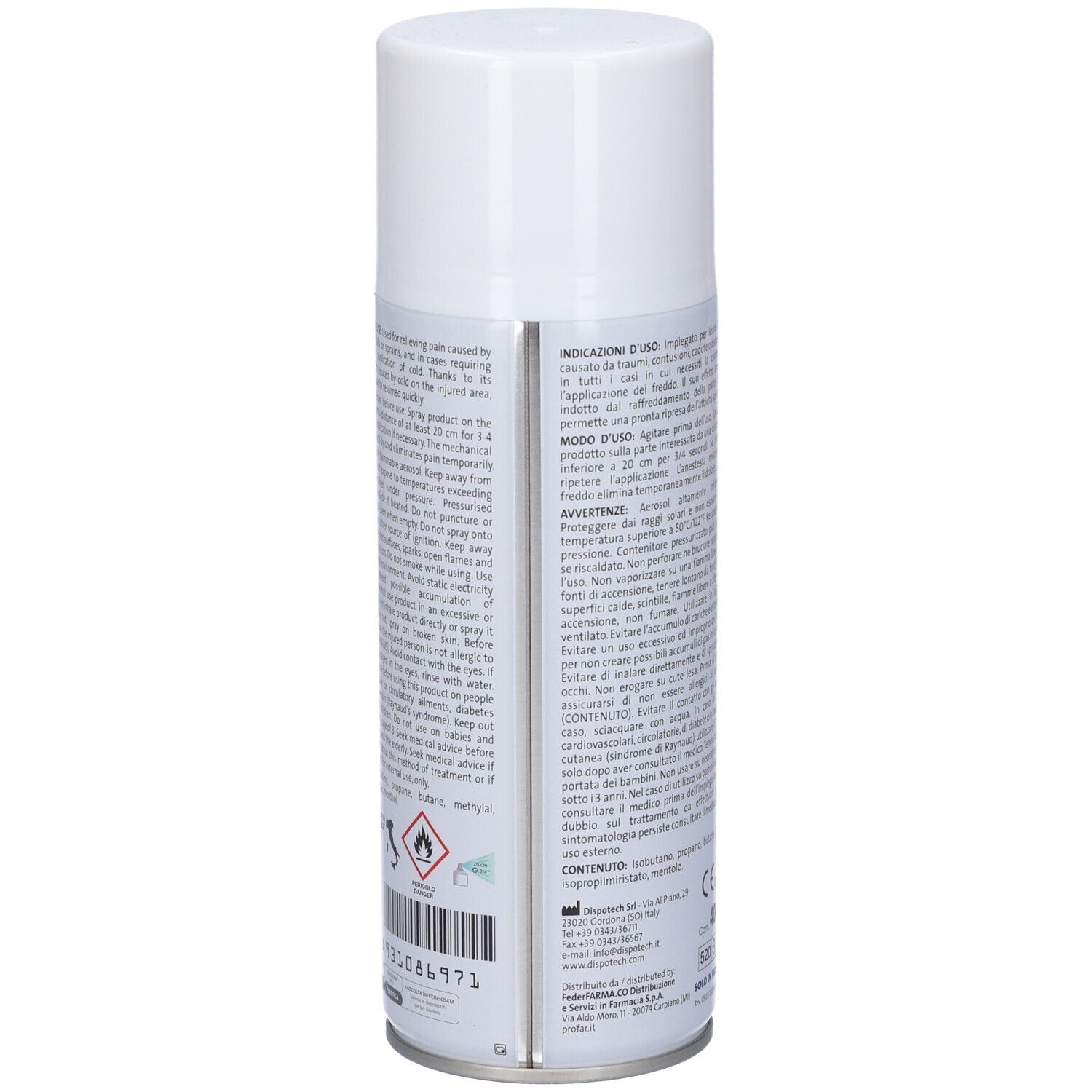 Retro della bomboletta spray bianca. Testo in italiano. Informazioni sugli ingredienti e avvertenze.