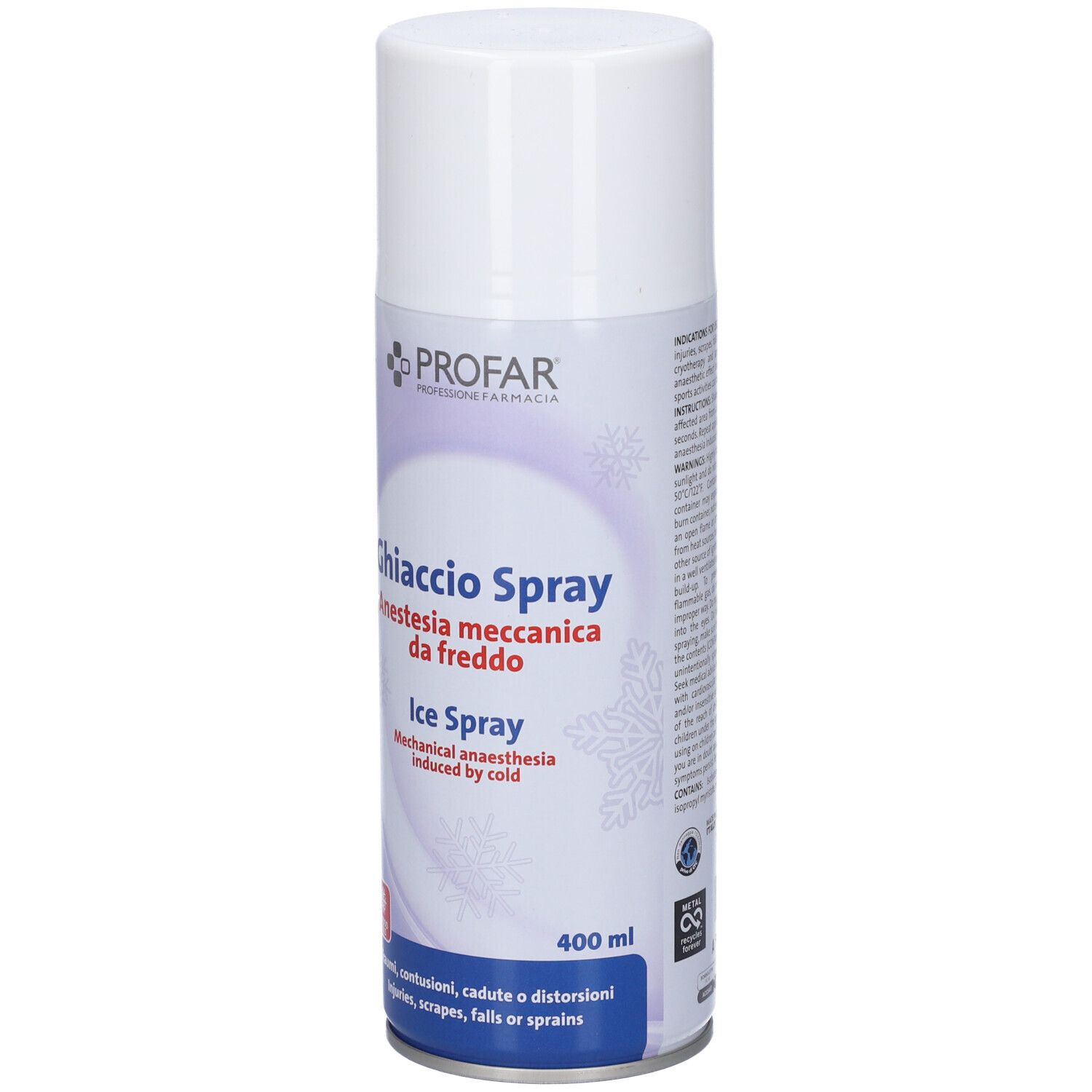 Bomboletta spray bianca e blu. Scritta: Profar, Ghiaccio Spray, Anestesia meccanica da freddo, Ice Spray. 400 ml.