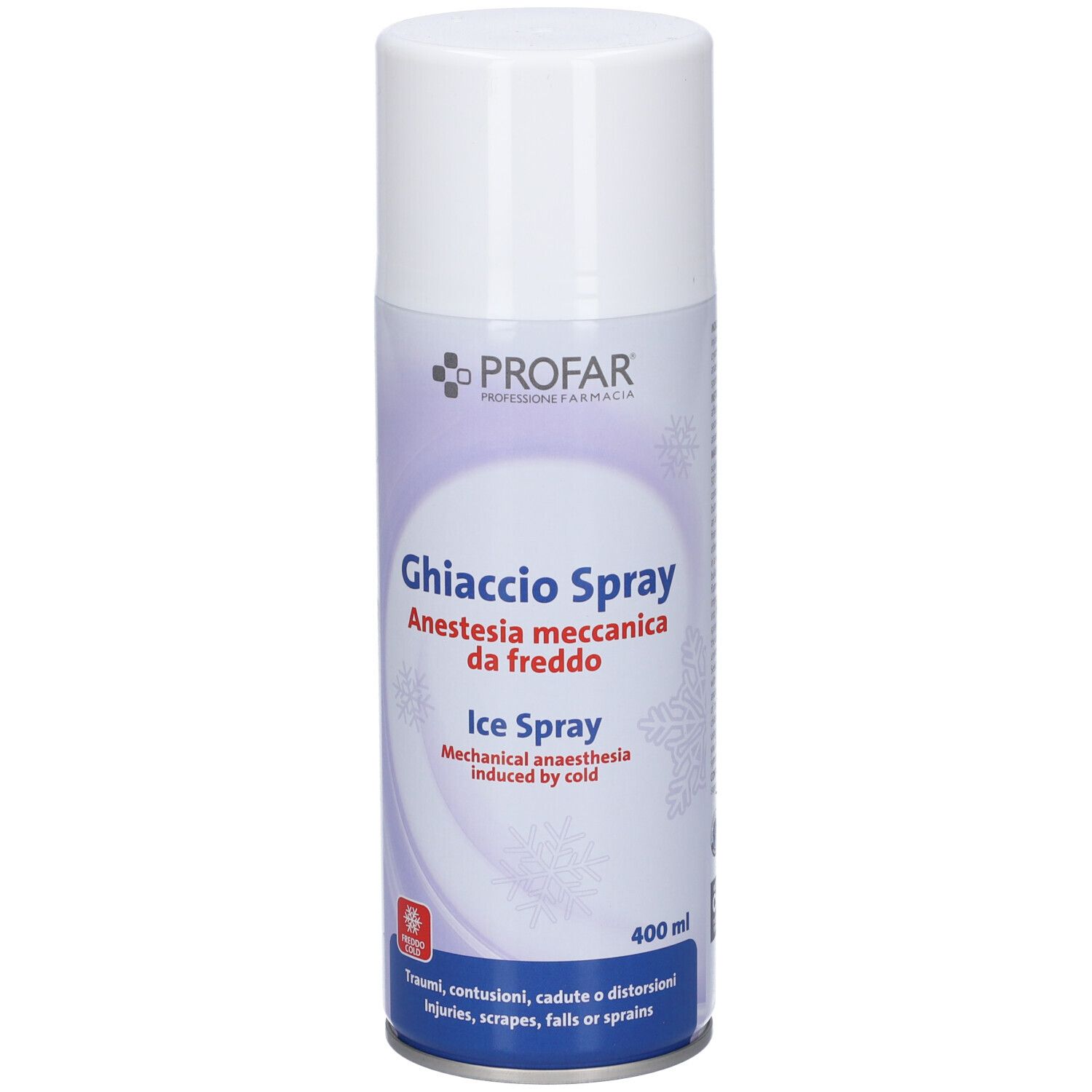 Bomboletta spray bianca e blu. Scritta: Profar, Ghiaccio Spray, Anestesia meccanica da freddo, Ice Spray. 400 ml.