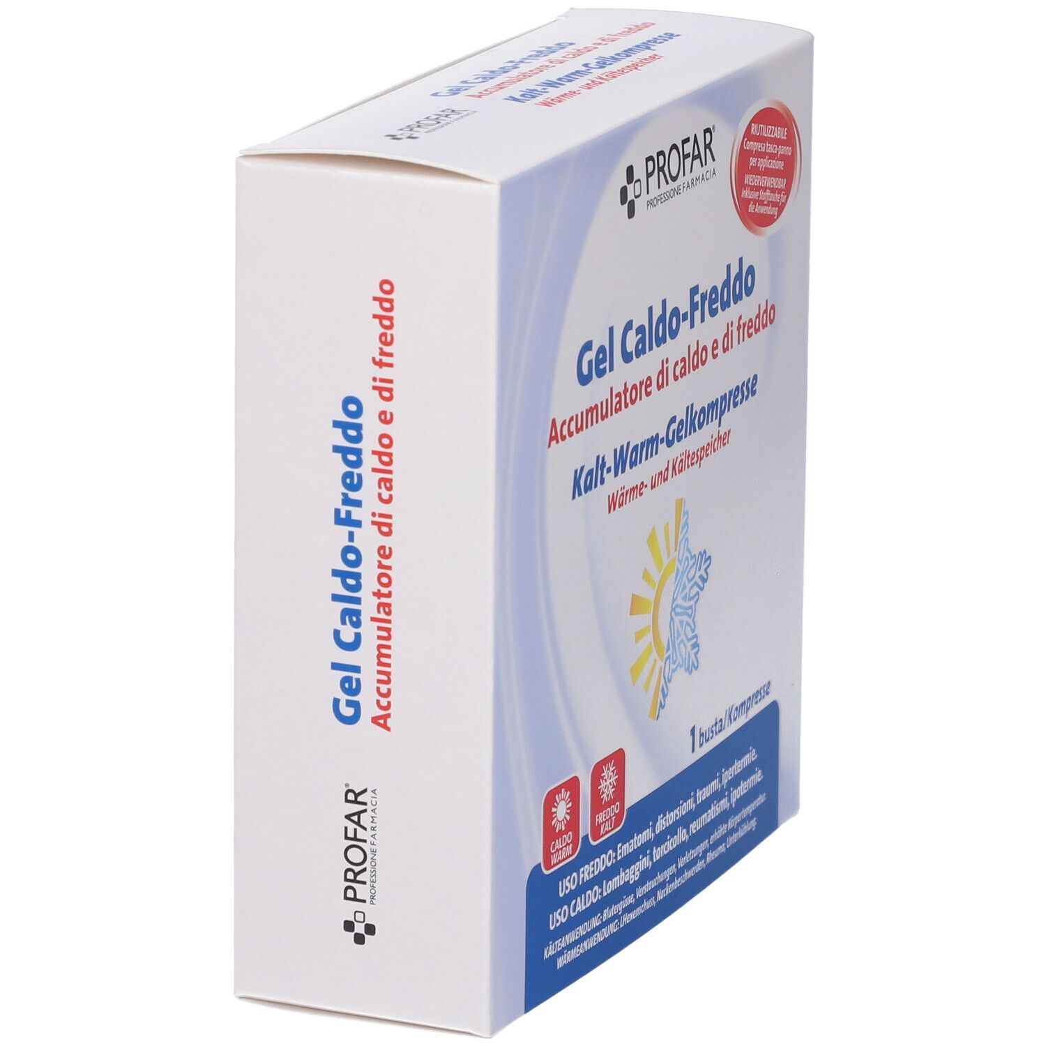 Scatola, vista laterale. Testo: Gel Caldo-Freddo, Kalt-Warm-Gelkompresse. Logo Profar. 1 Busta/Kompresse. Informazioni prodotto.