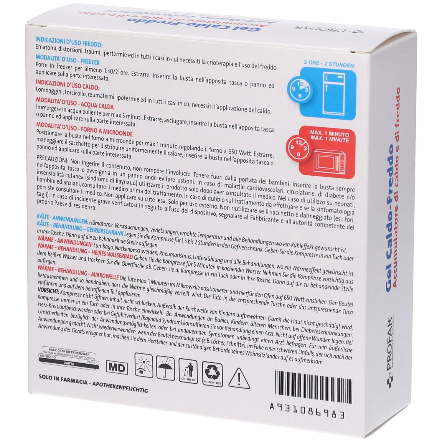Retro confezione. Istruzioni per l'uso, avvertenze. Loghi: microonde, congelatore, rubinetto. Testo in tedesco, italiano.